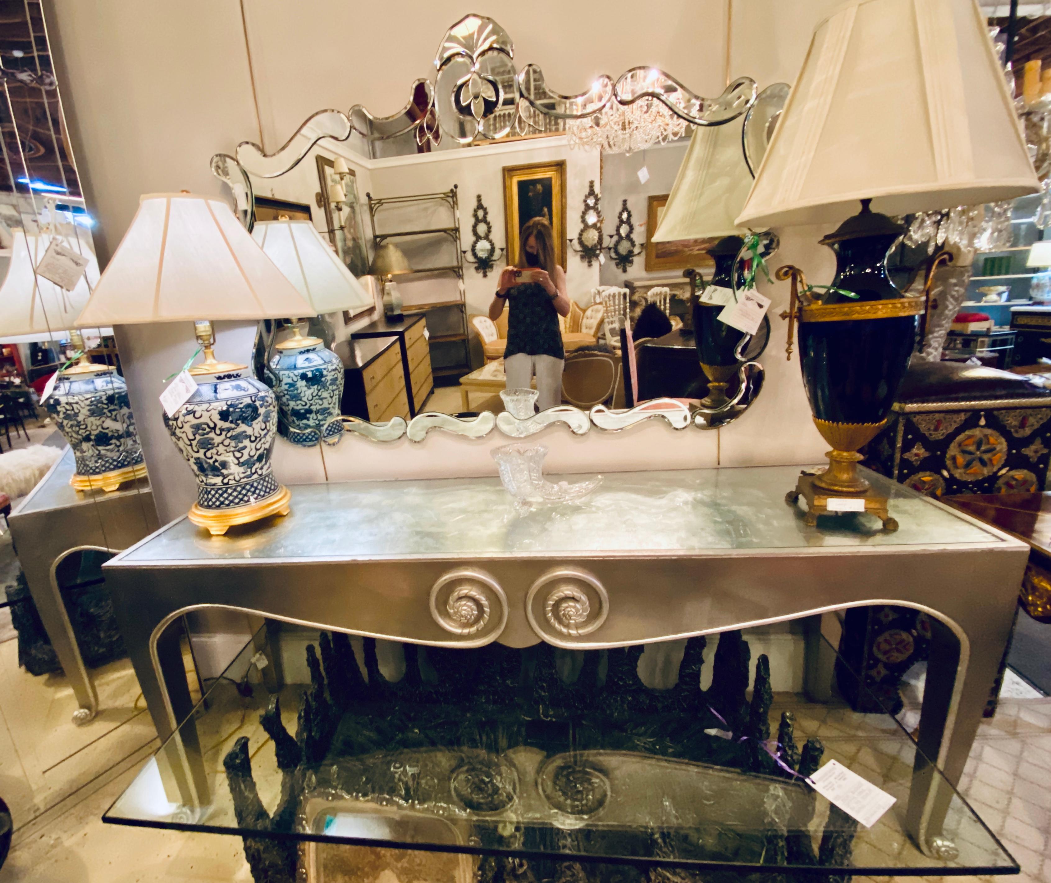Hollywood Regency Sally Sirkin Lewis, Art Deco, Console Table, Silver Leaf, Glass Top, 1970s For Sale