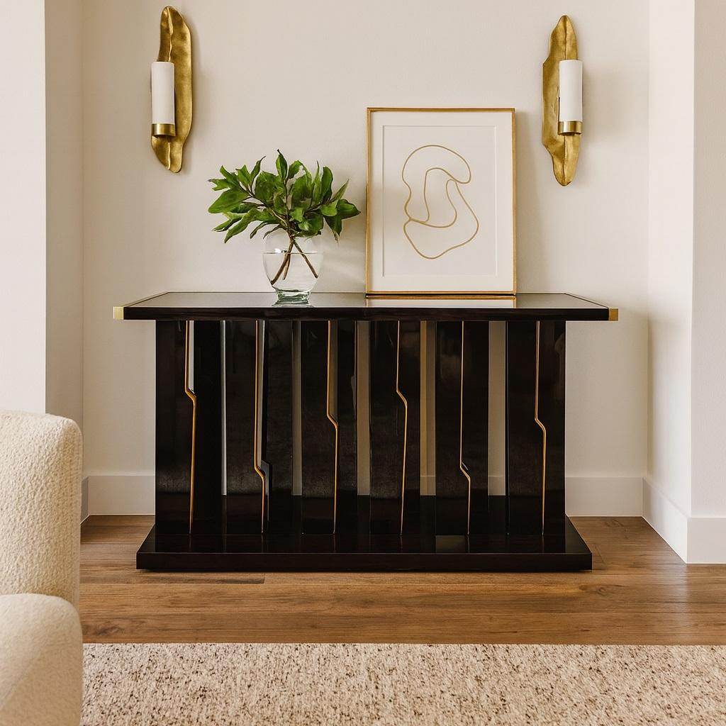 Hand-Crafted Art Deco Style Console Table w Architectural Silhouette & Brushed Brass Accents For Sale