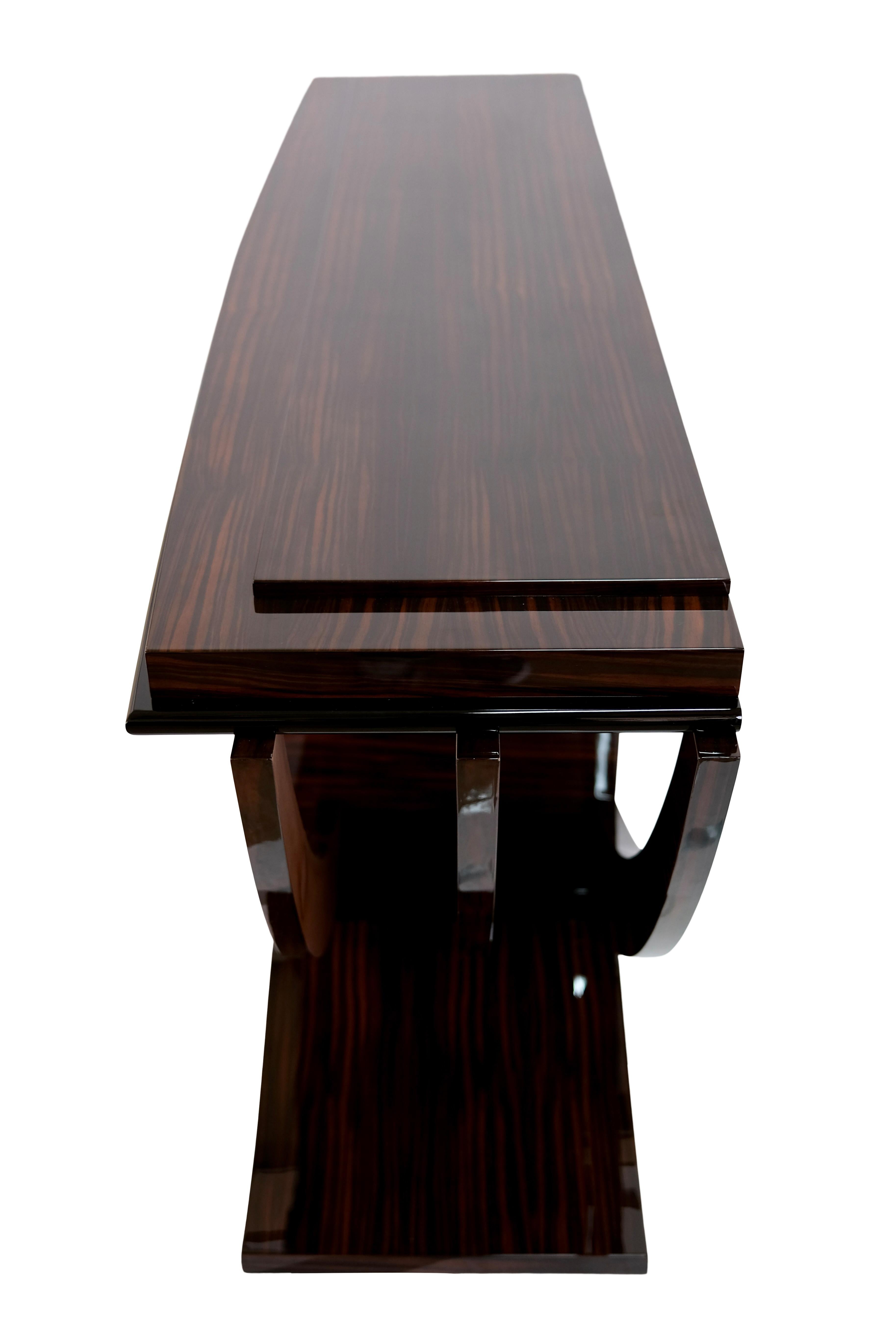 Wood Art Deco Style Console Table with Macassar Veneer in High Gloss Lacquer For Sale