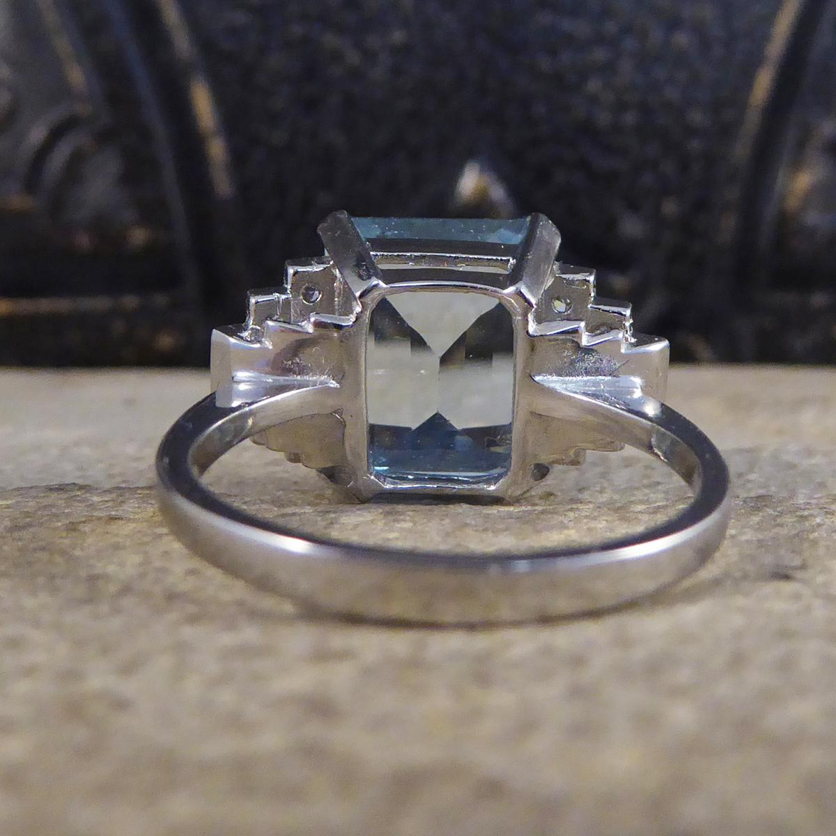 Emerald Cut Art Deco Style Contemporary 5.50ct Aquamarine and Diamond Ring in Platinum