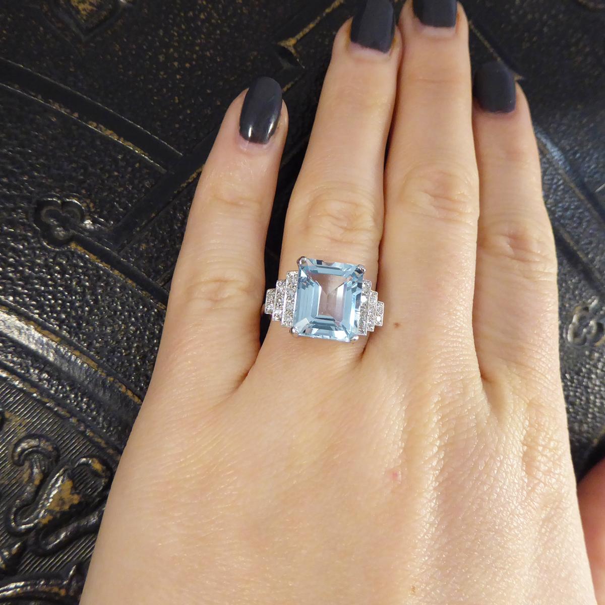 Art Deco Style Contemporary 5.50ct Aquamarine and Diamond Ring in Platinum 1
