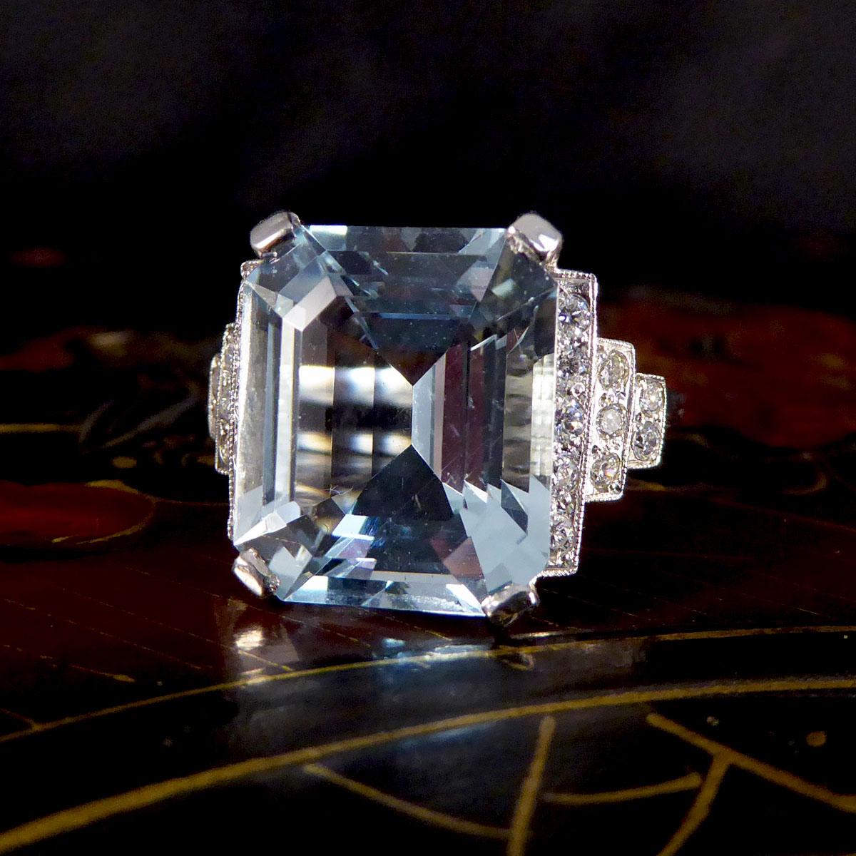 Art Deco Style Contemporary 9.00ct Aquamarine and Diamond Ring in Platinum 2