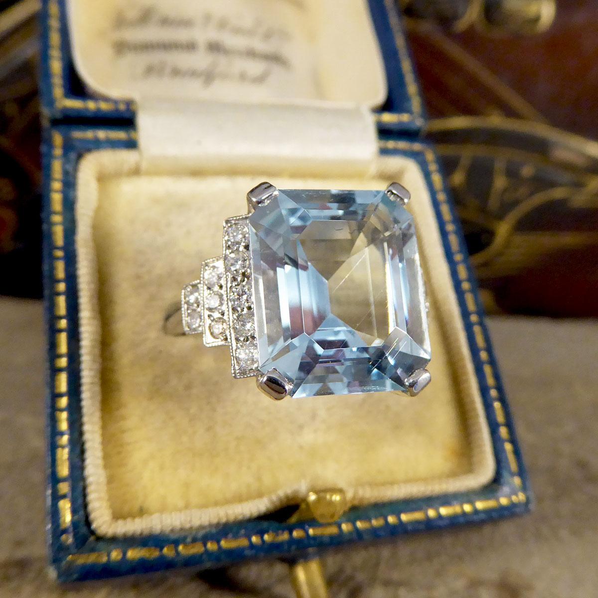 Art Deco Style Contemporary 9.00ct Aquamarine and Diamond Ring in Platinum 1