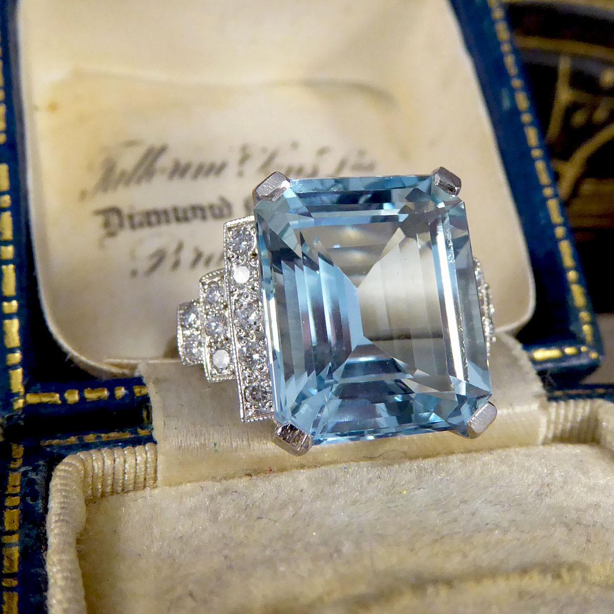 Art Deco Style Contemporary 9.15ct Aquamarine and Diamond Ring in Platinum 2