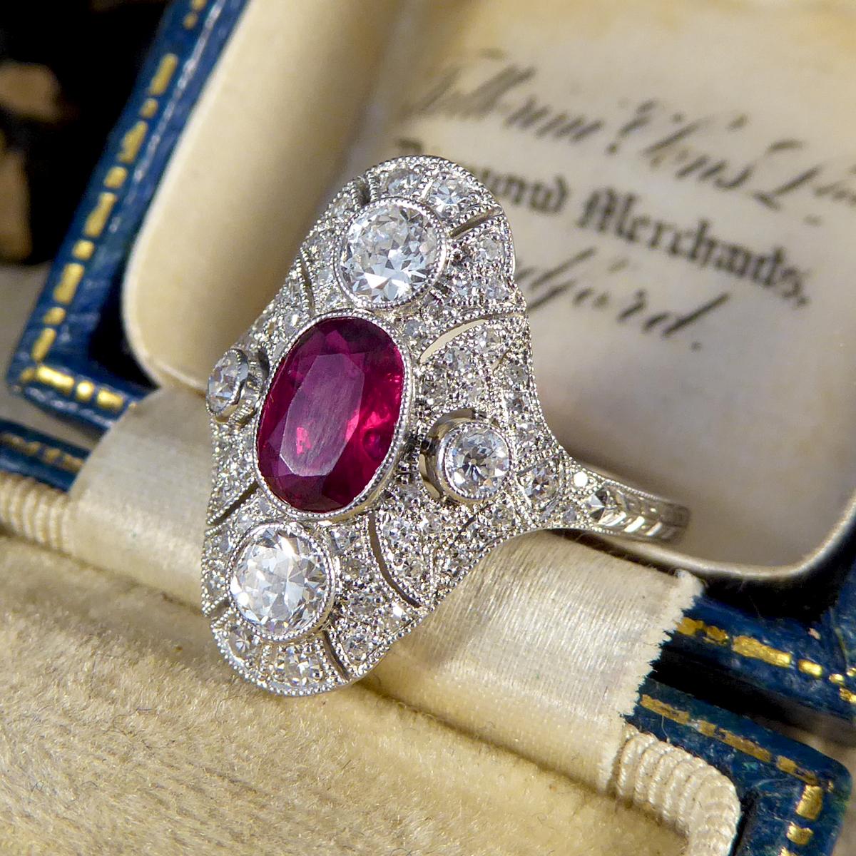 Art Deco Style Contemporary Ruby and Diamond Navette Shaped Platinum Plaque Ring 2