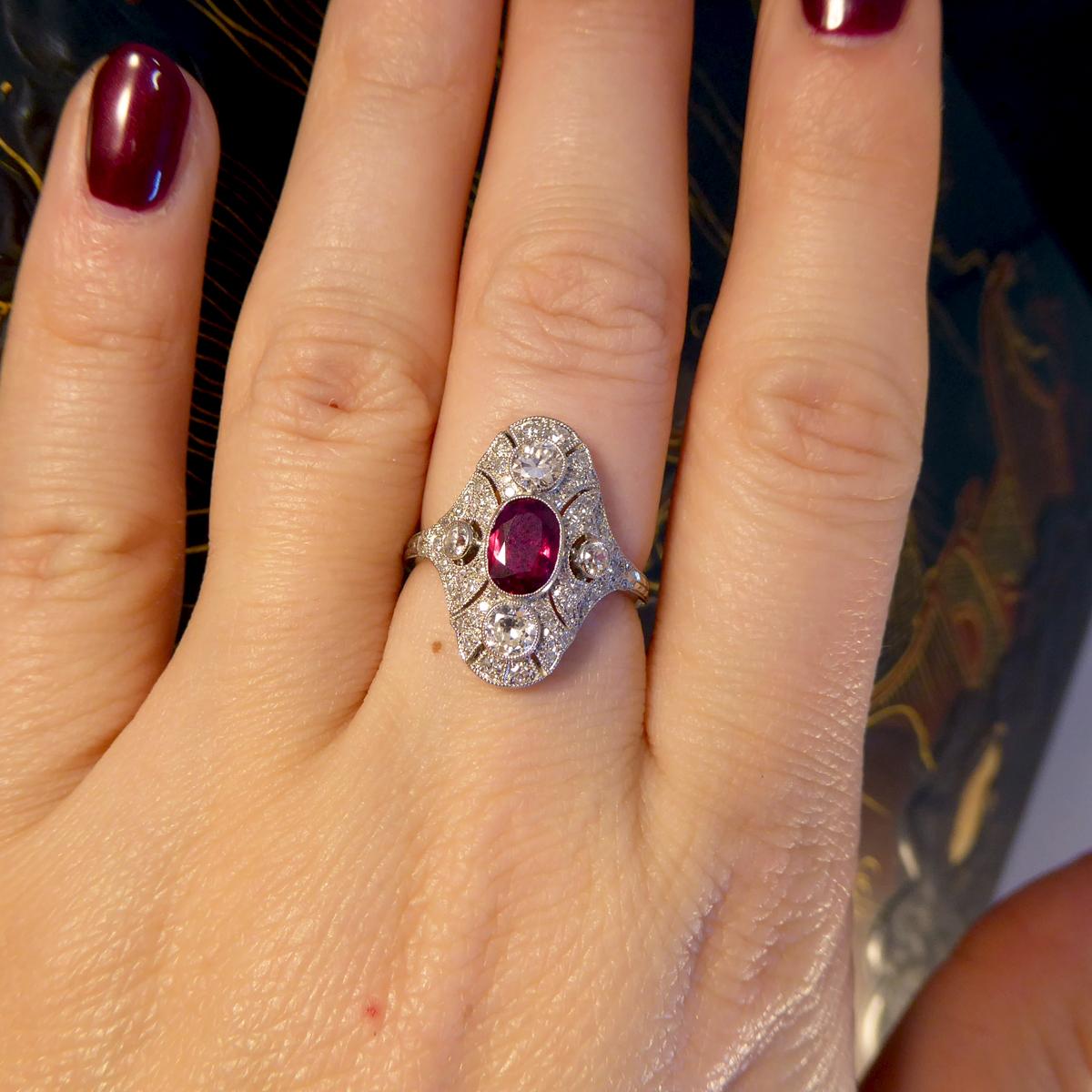 Art Deco Style Contemporary Ruby and Diamond Navette Shaped Platinum Plaque Ring In Good Condition In Yorkshire, West Yorkshire