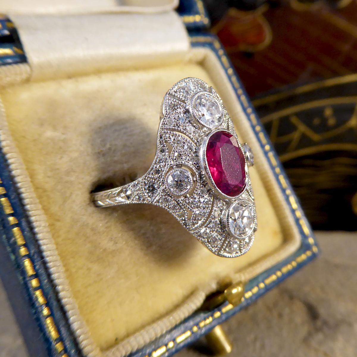 Women's or Men's Art Deco Style Contemporary Ruby and Diamond Navette Shaped Platinum Plaque Ring