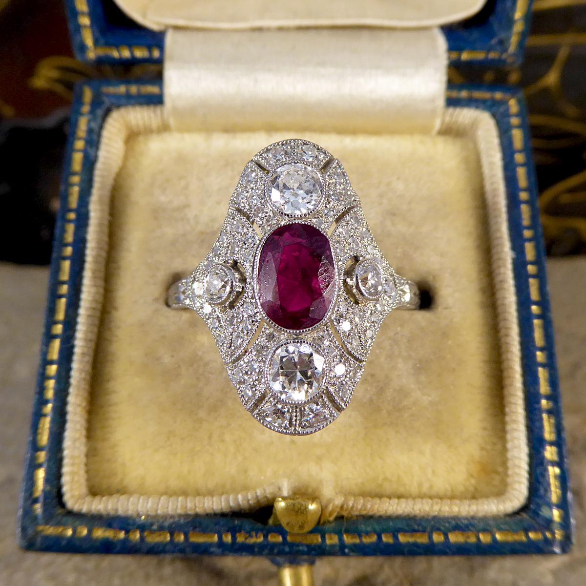 Art Deco Style Contemporary Ruby and Diamond Navette Shaped Platinum Plaque Ring 1