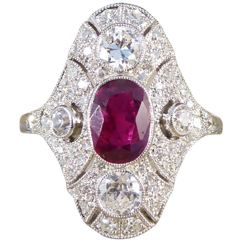 Art Deco Style Contemporary Ruby and Diamond Navette Shaped Platinum Plaque Ring