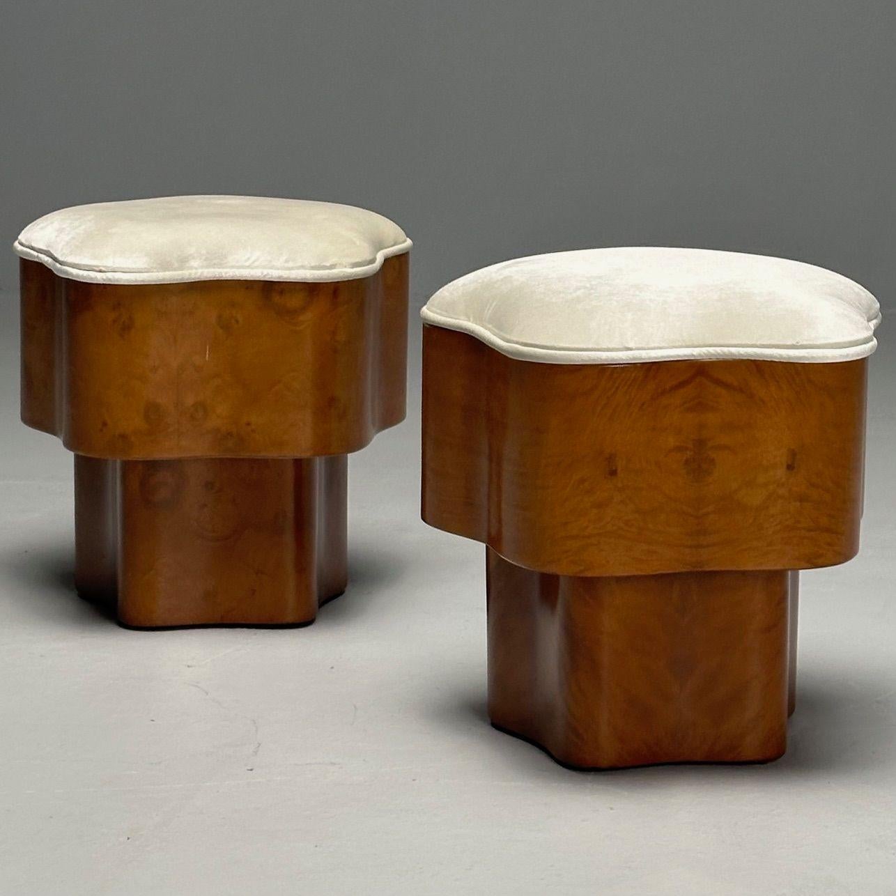 Art Deco Style, Contemporary, Star Footstools, Burlwood, Velvet, 2024

Pair of contemporary star shaped footstools or ottomans inspired by work from the 1930s and 1940s. Each example features a stepped base with a burlwood veneer, a five point star