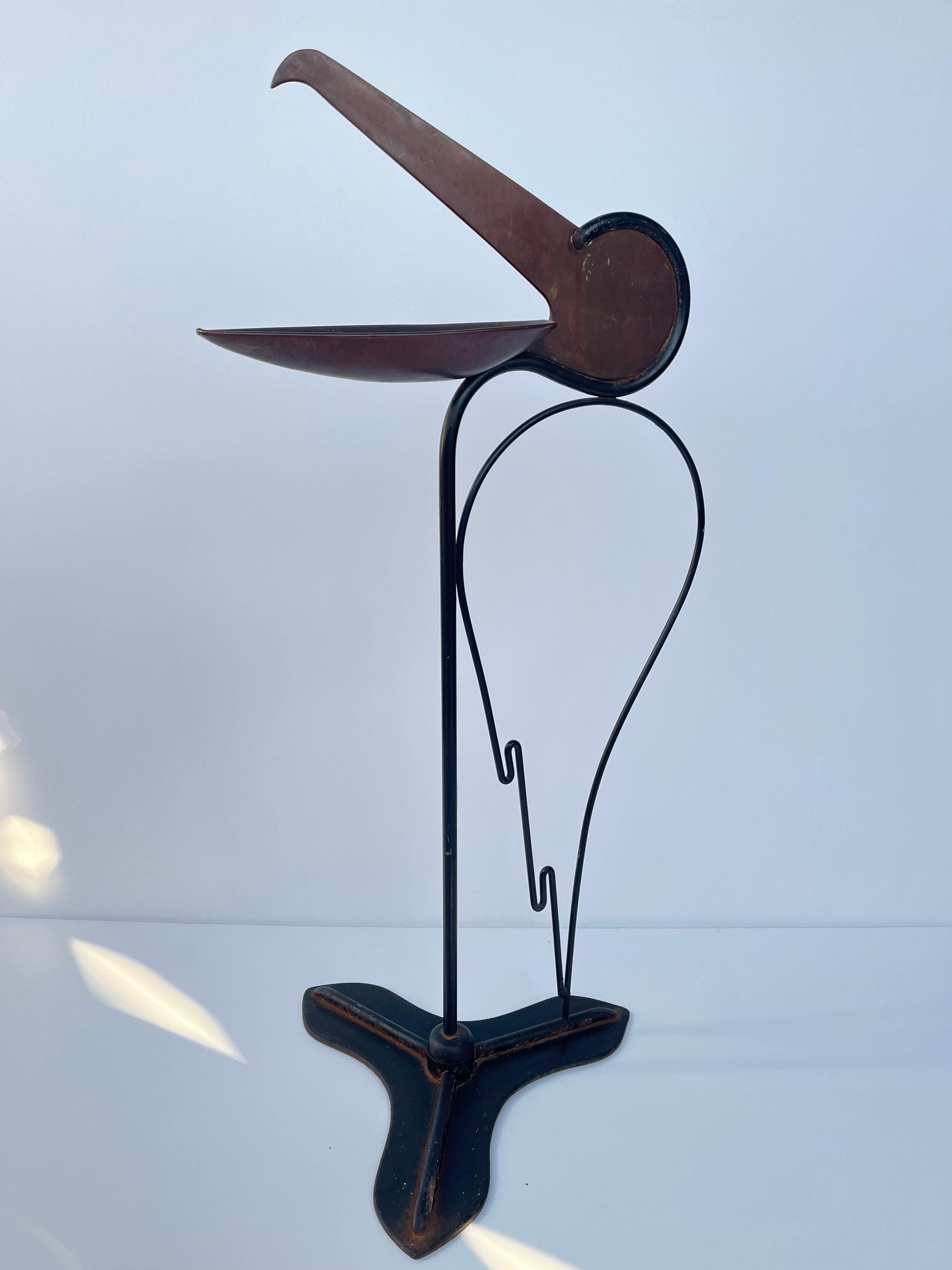American Art Deco Style Copper and Iron Figural Stork Cigarette Cigar Floor Ashtray Stand For Sale