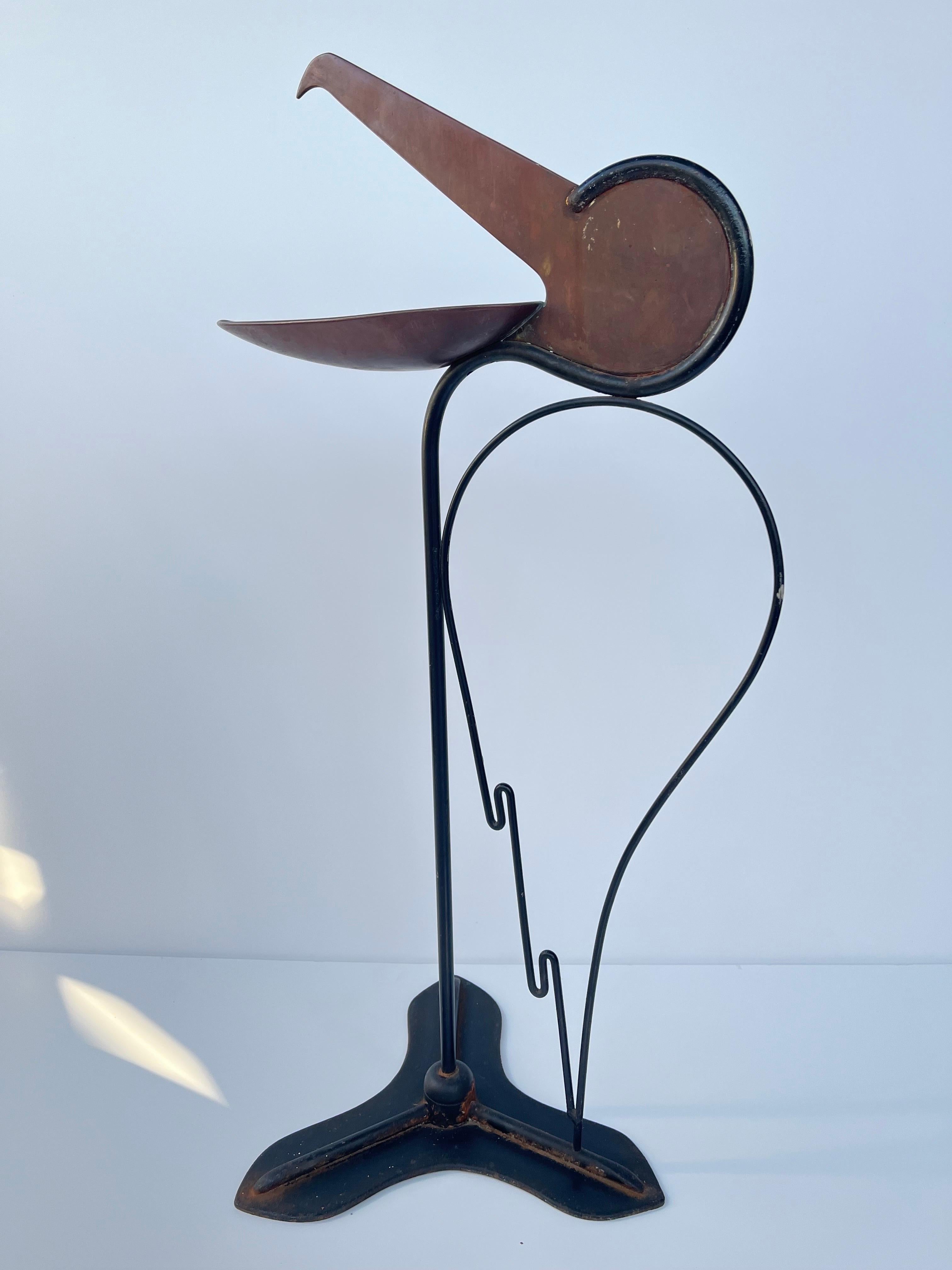 Art Deco Style Copper and Iron Figural Stork Cigarette Cigar Floor Ashtray Stand In Good Condition For Sale In Atlanta, GA