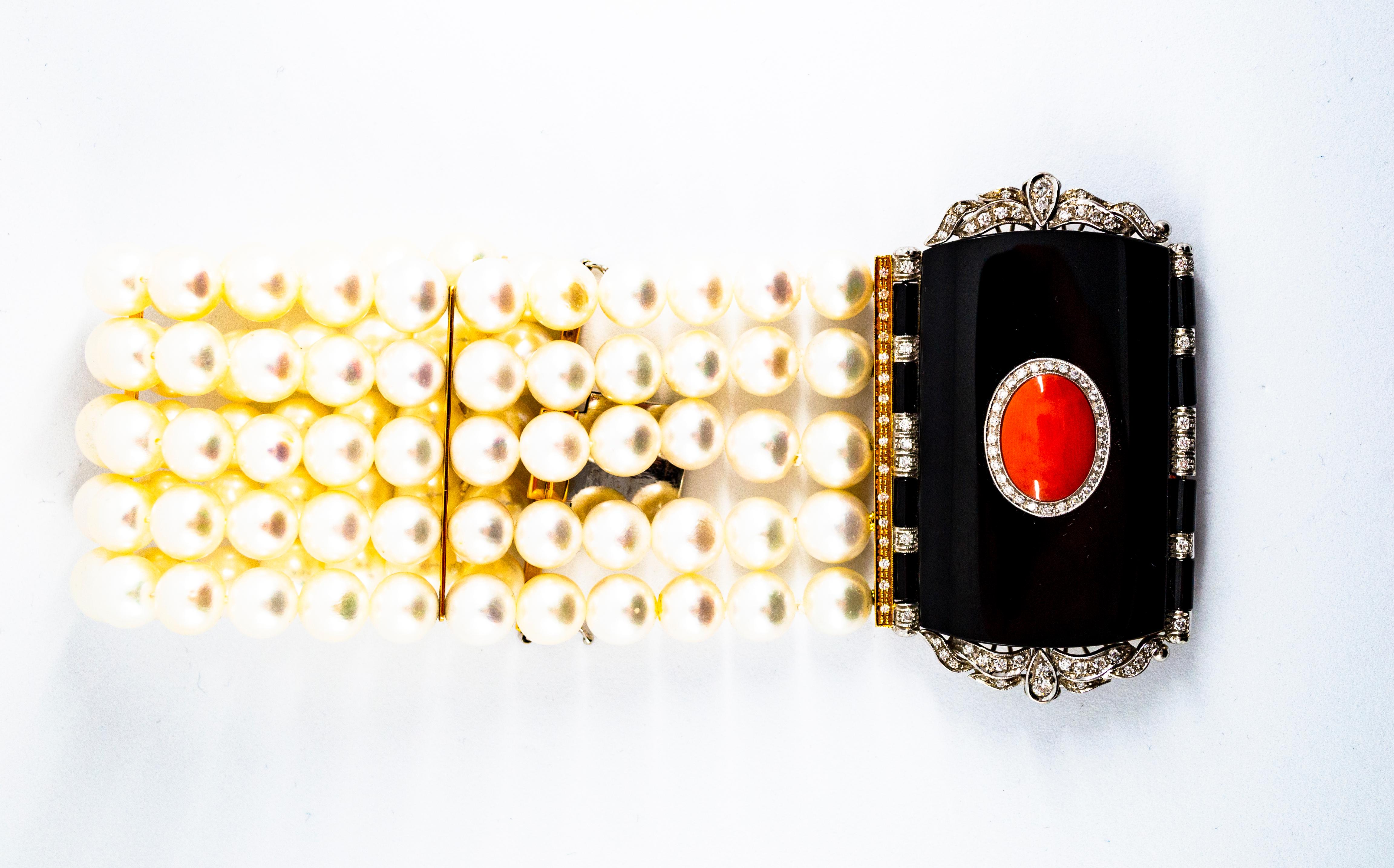 Cabochon Art Deco Style Coral 1.60 Carat White Diamond Onyx Pearl Yellow Gold Bracelet