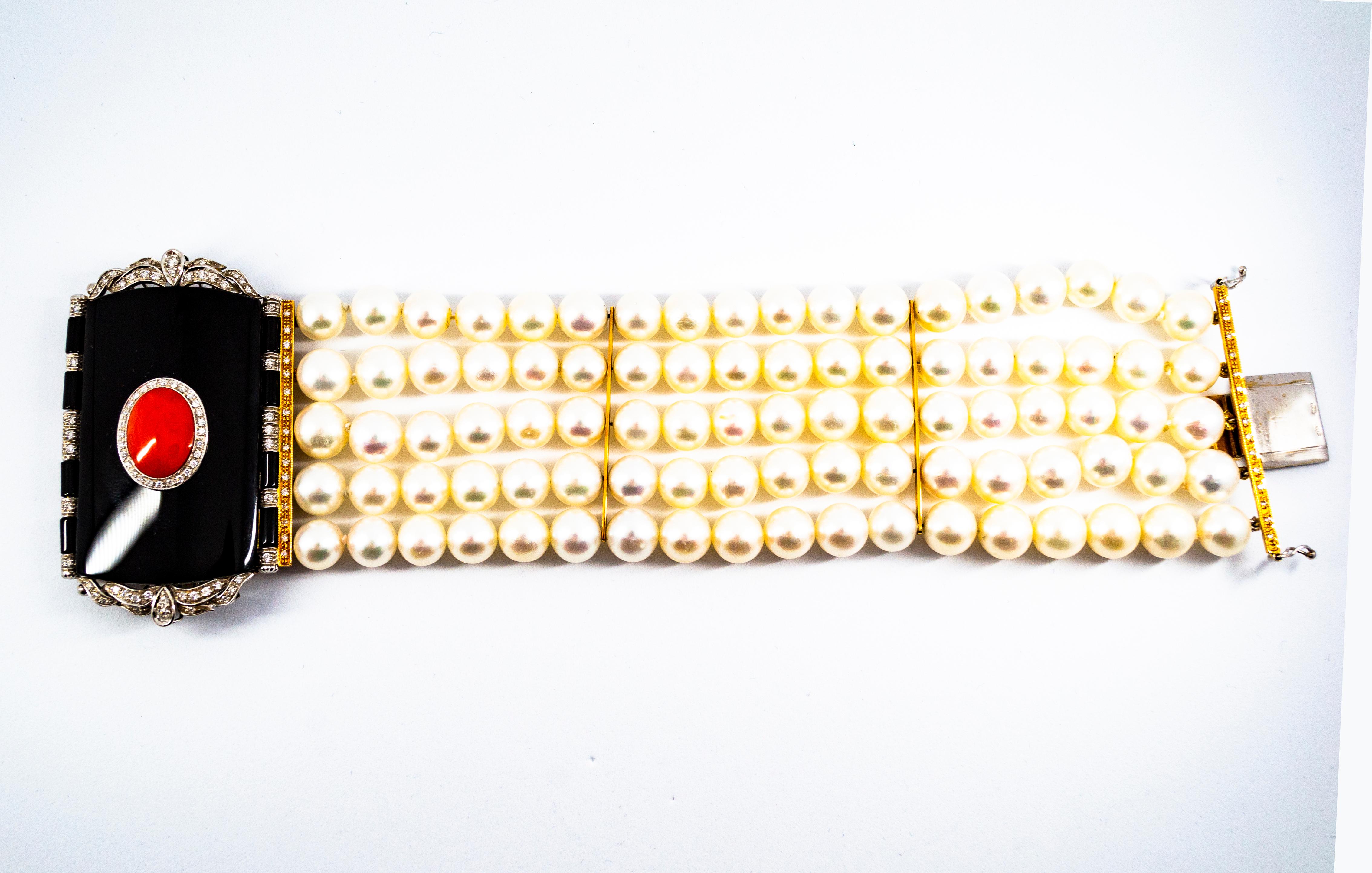 Art Deco Style Coral 1.60 Carat White Diamond Onyx Pearl Yellow Gold Bracelet In New Condition In Naples, IT