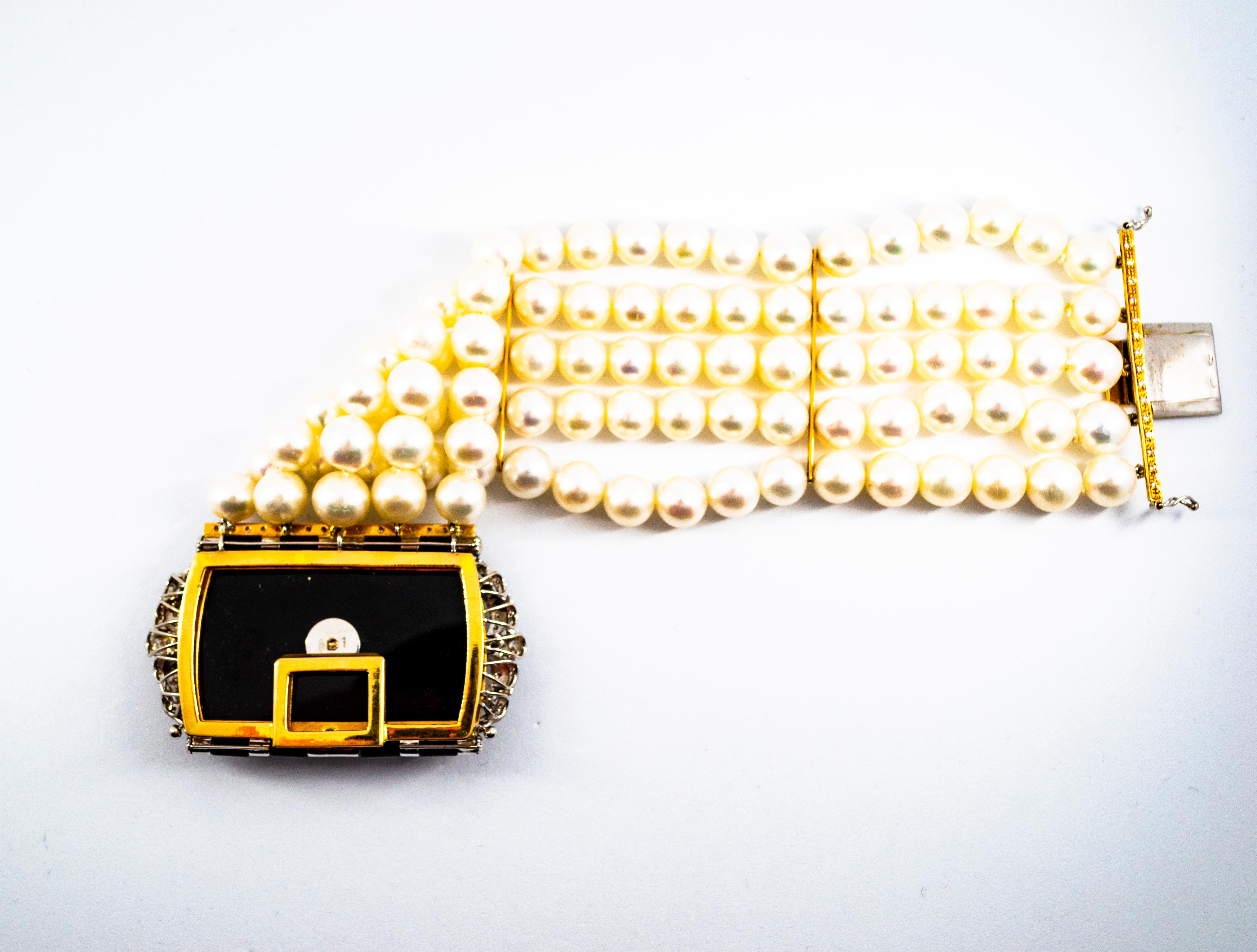 Women's or Men's Art Deco Style Coral 1.60 Carat White Diamond Onyx Pearl Yellow Gold Bracelet