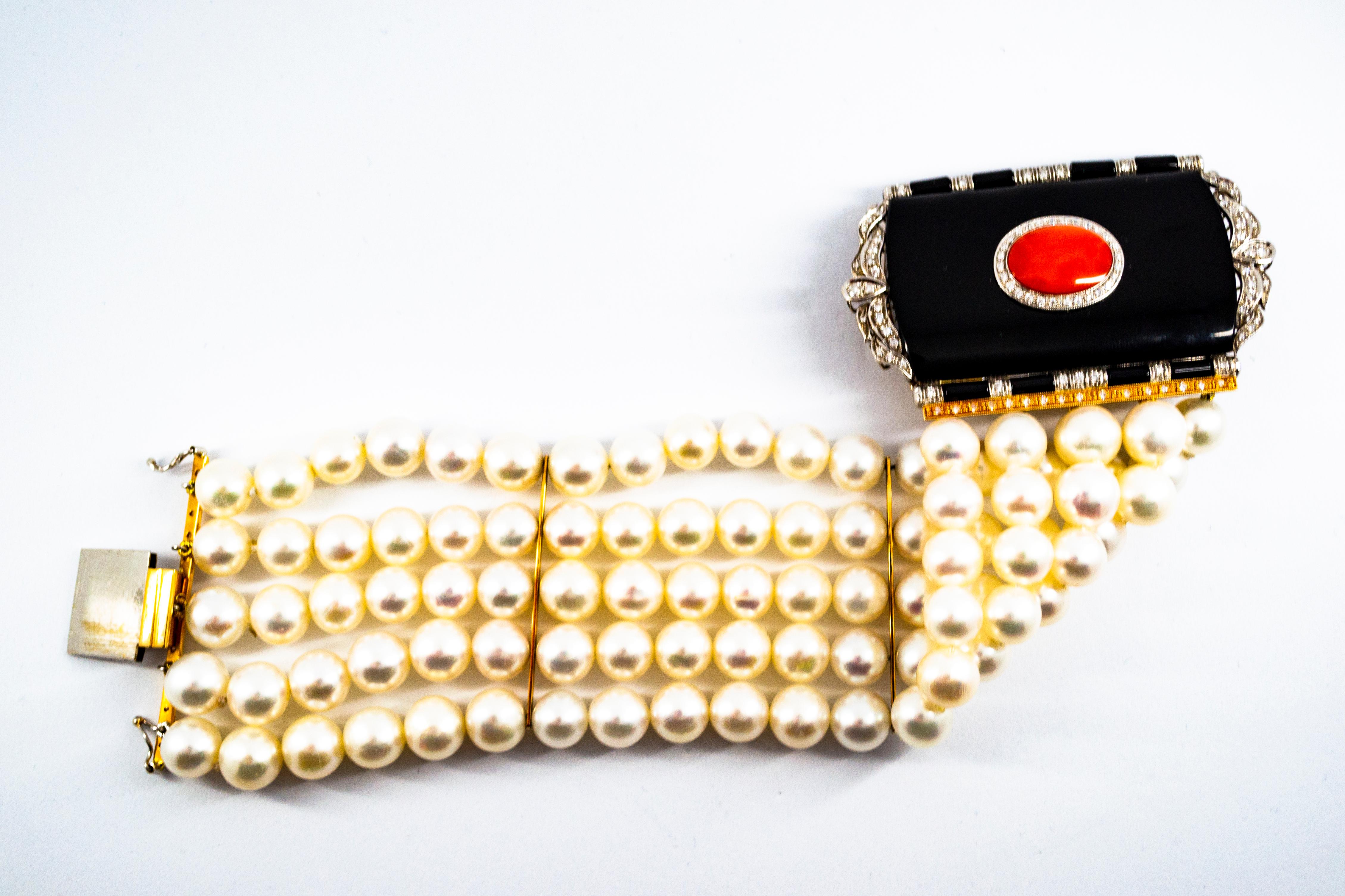Art Deco Style Coral 1.60 Carat White Diamond Onyx Pearl Yellow Gold Bracelet For Sale 1