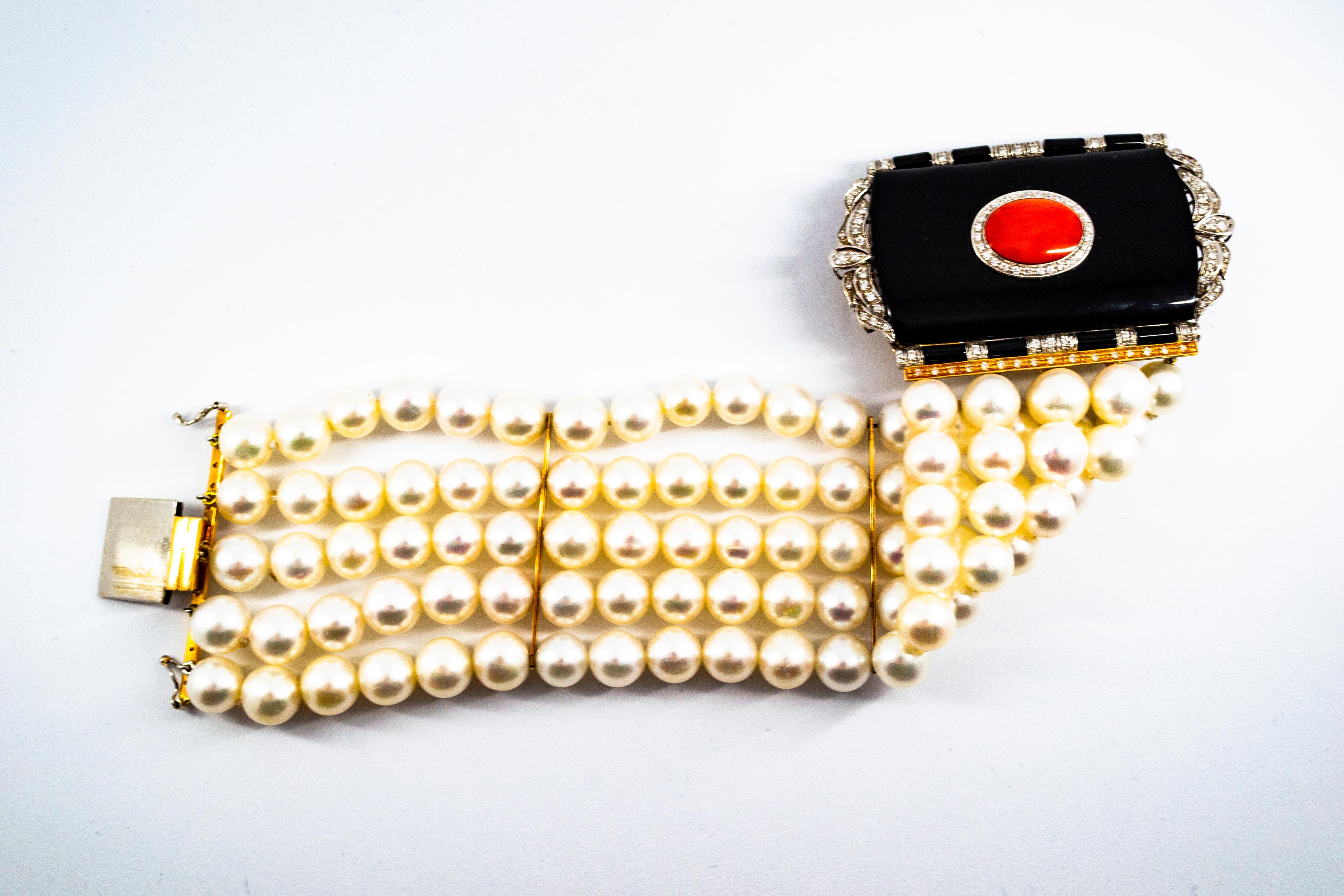 Art Deco Style Coral 1.60 Carat White Diamond Onyx Pearl Yellow Gold Bracelet For Sale 2
