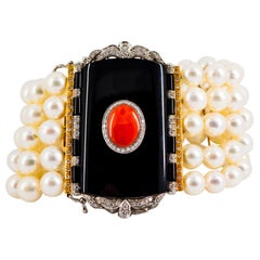 Retro Art Deco Style Coral 1.60 Carat White Diamond Onyx Pearl Yellow Gold Bracelet