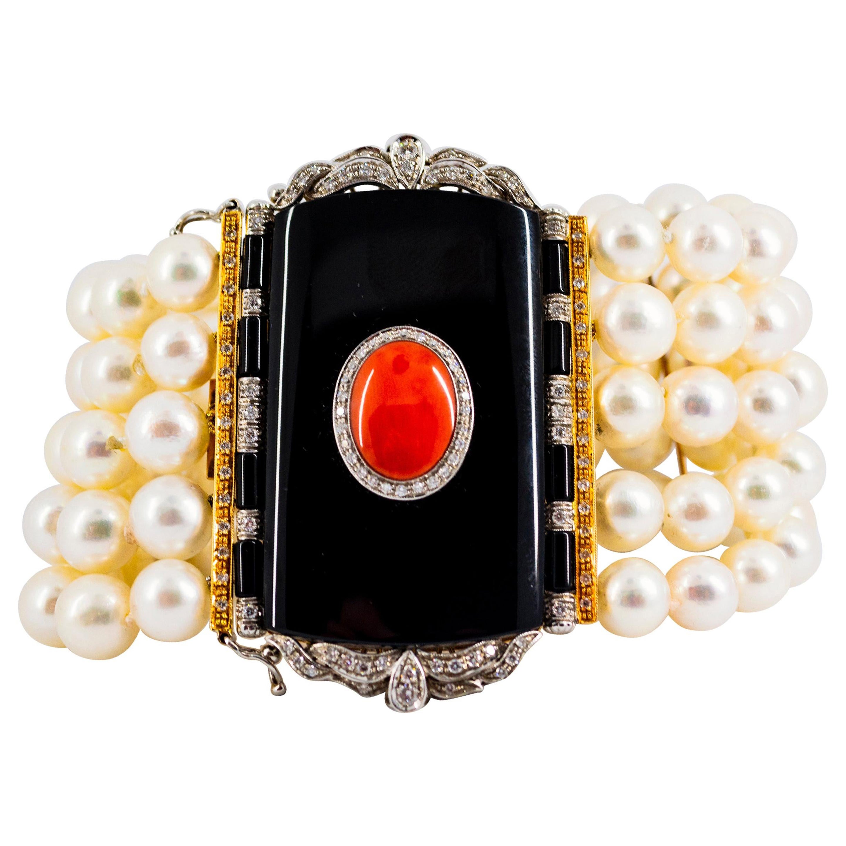 Art Deco Style Coral 1.60 Carat White Diamond Onyx Pearl Yellow Gold Bracelet For Sale