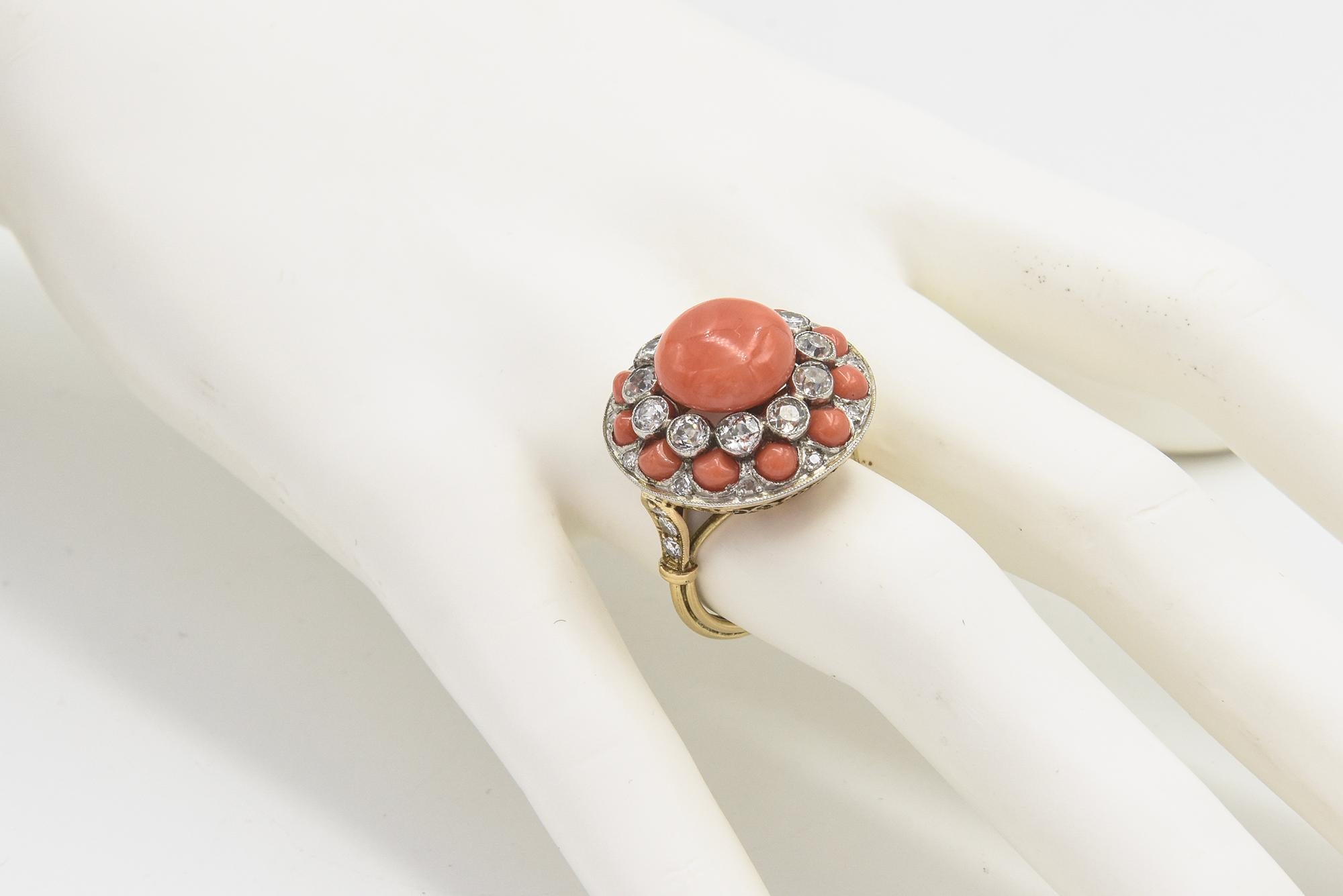 Art Deco Style Coral and Diamond Dome Ring For Sale 5