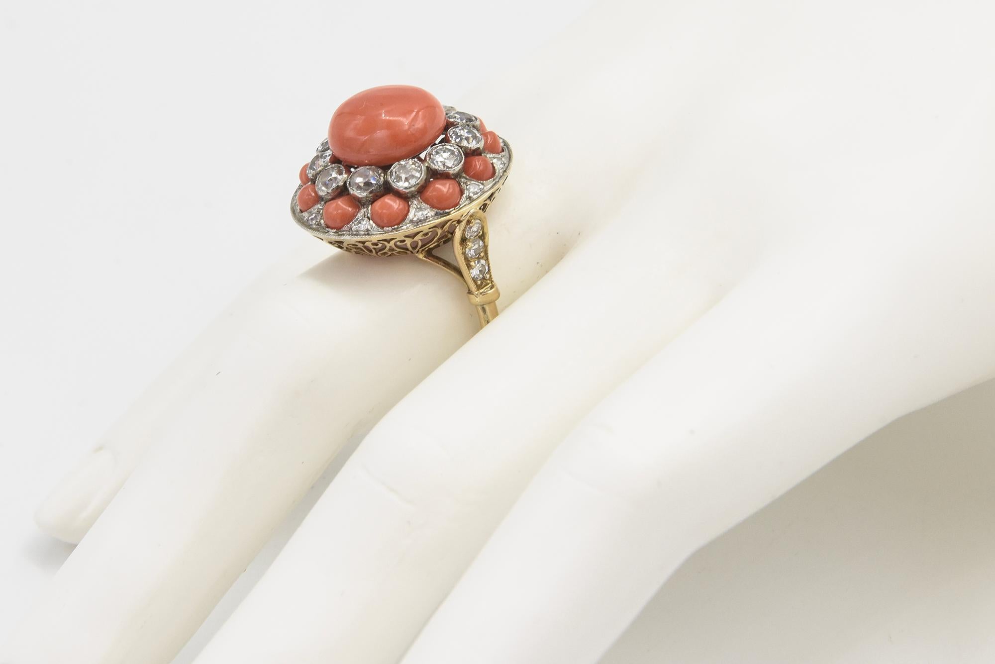 Art Deco Style Coral and Diamond Dome Ring For Sale 6
