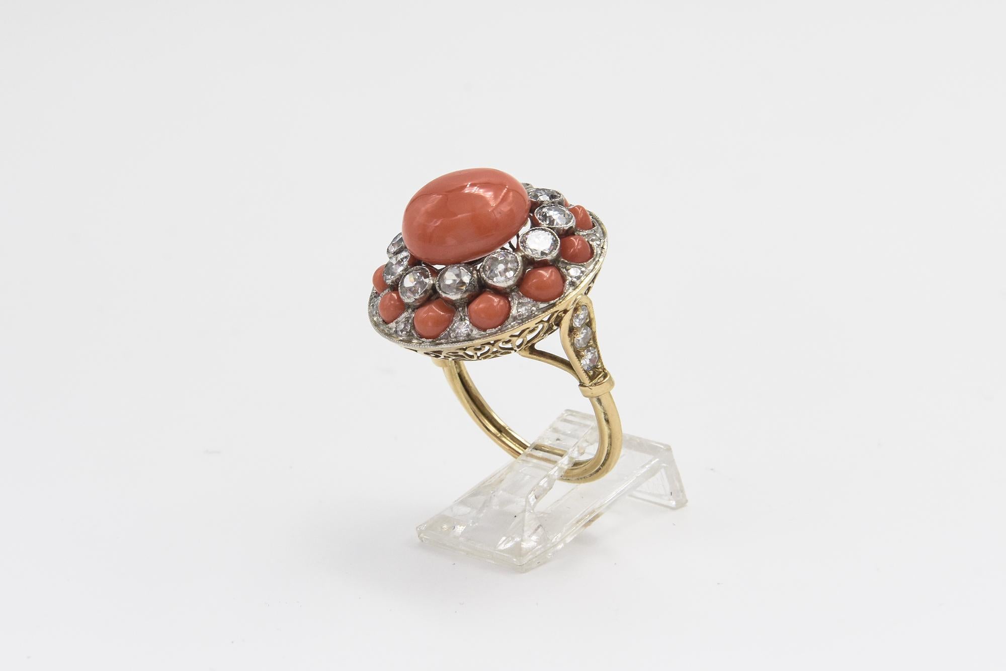 Round Cut Art Deco Style Coral and Diamond Dome Ring For Sale