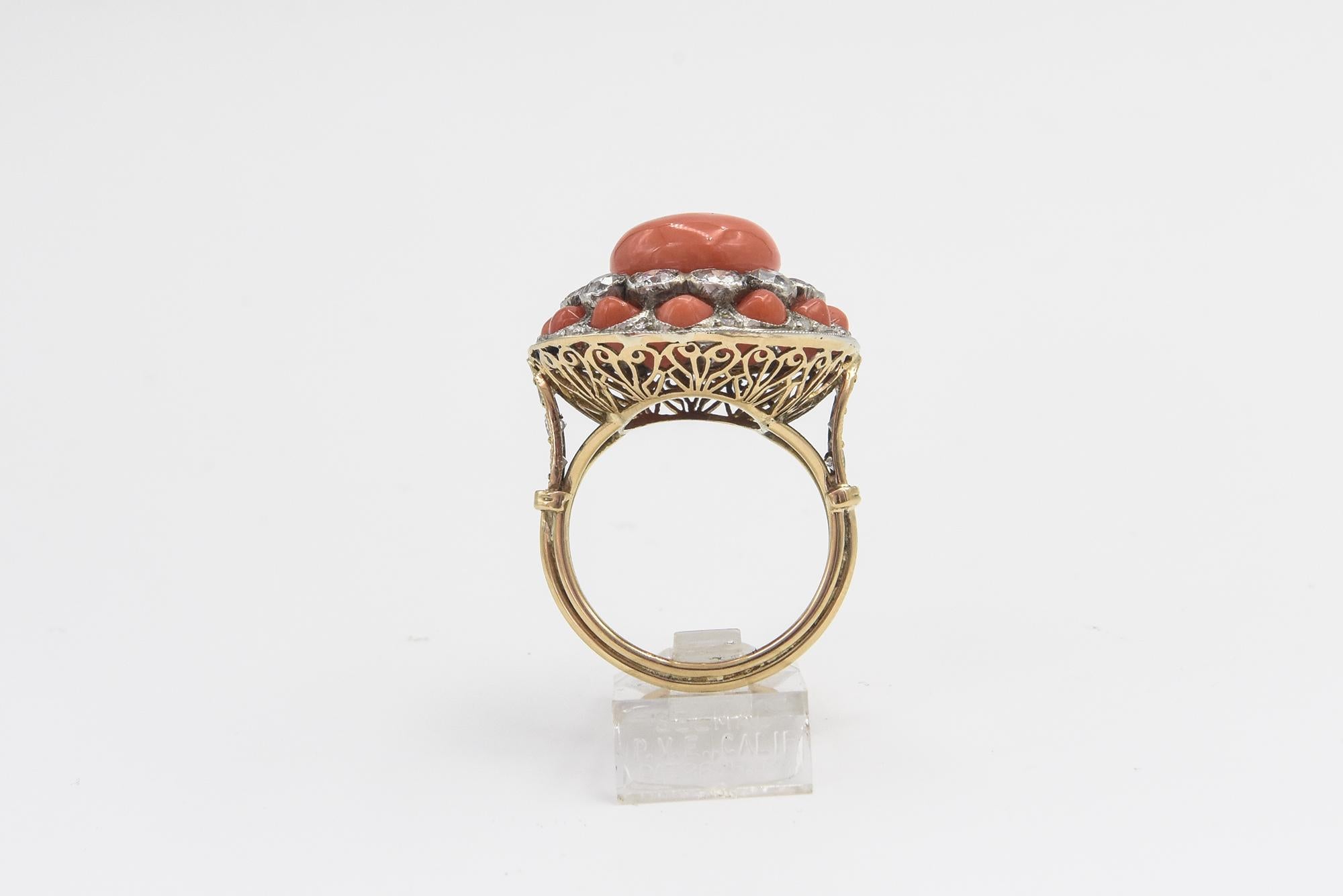 Women's Art Deco Style Coral and Diamond Dome Ring For Sale
