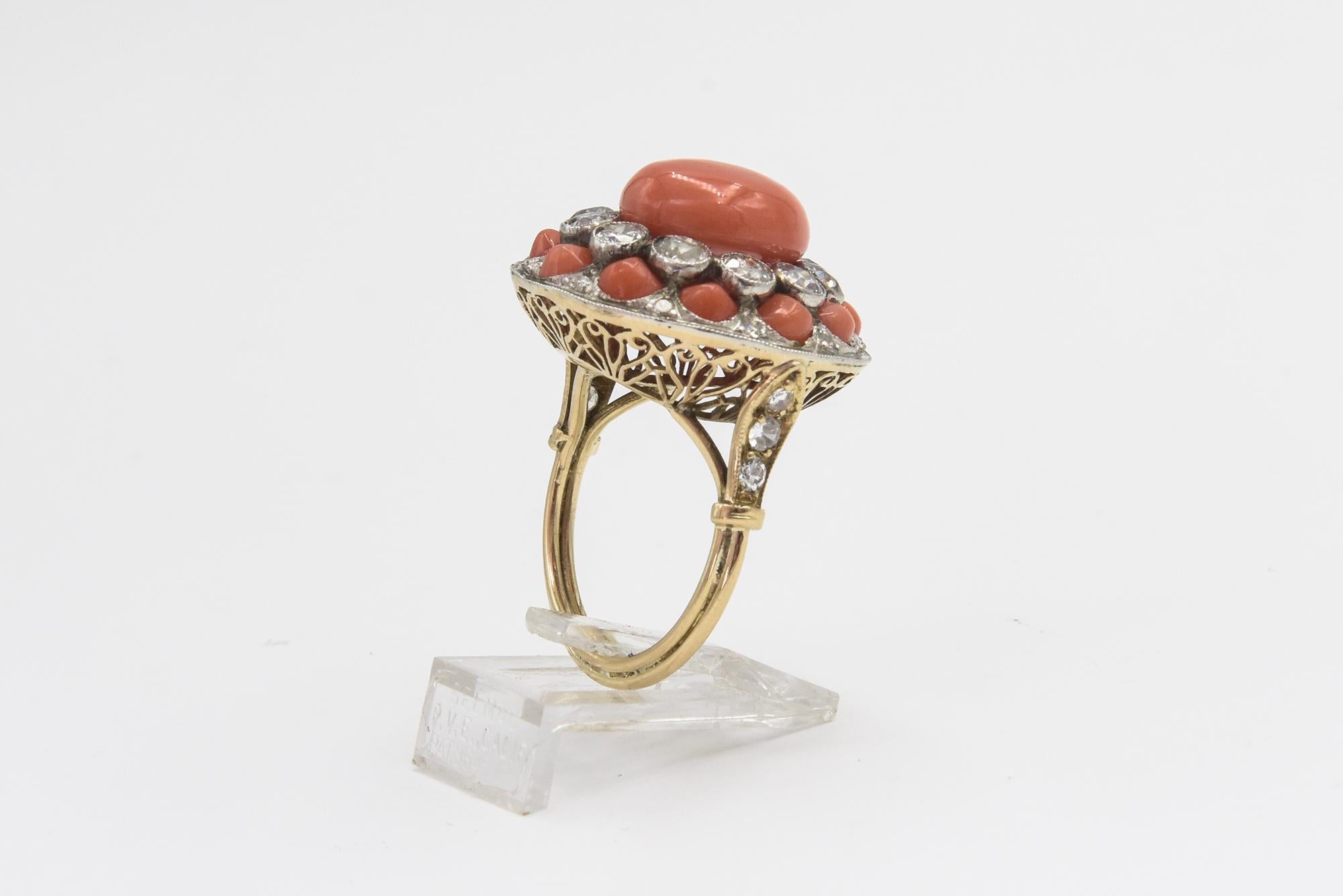 Art Deco Style Coral and Diamond Dome Ring For Sale 1
