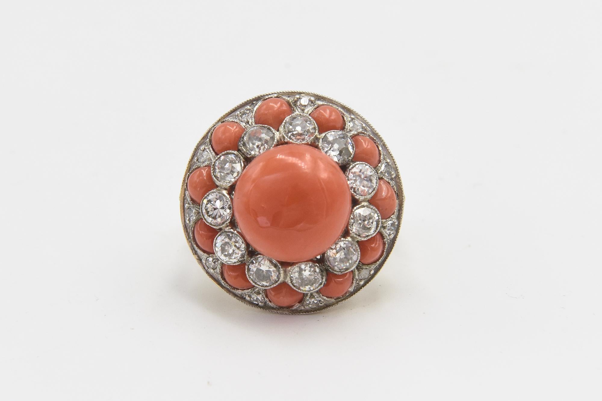 Art Deco Style Coral and Diamond Dome Ring For Sale 2