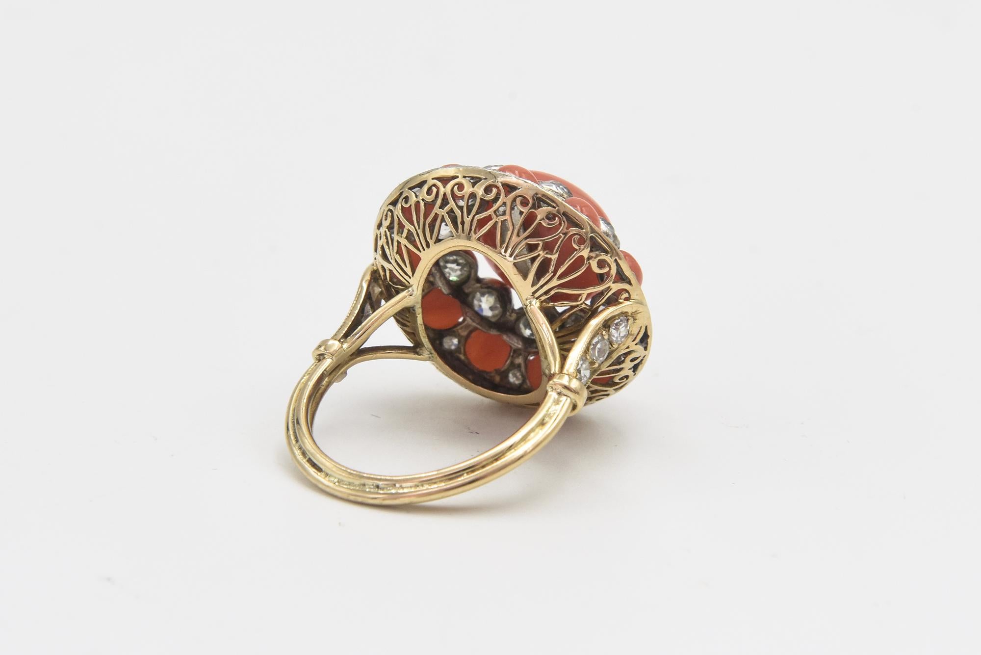 Art Deco Style Coral and Diamond Dome Ring For Sale 3