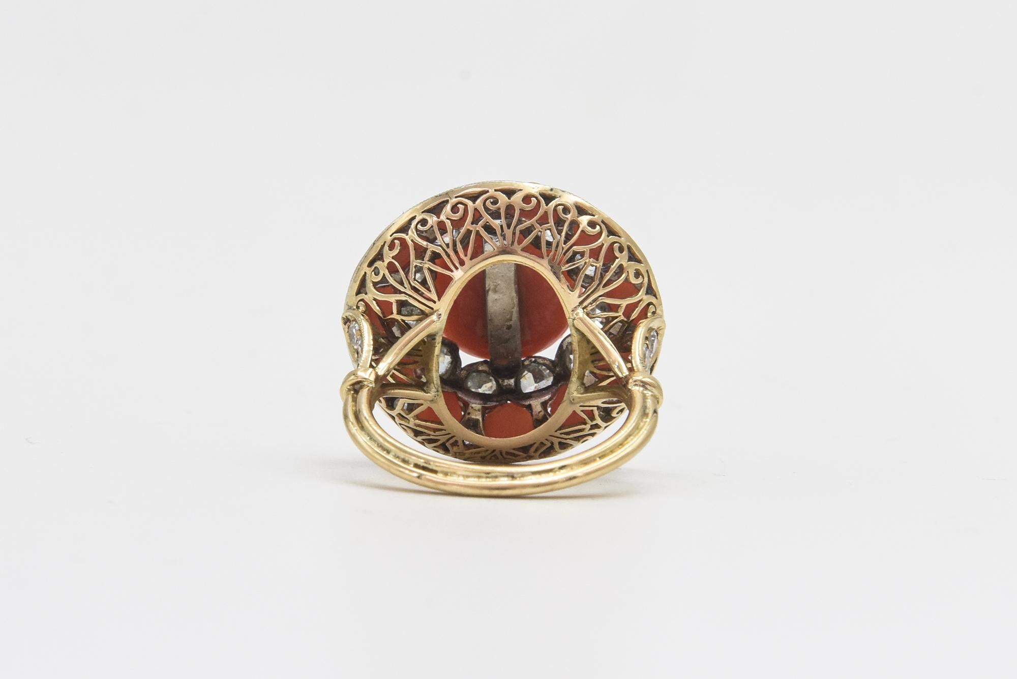 Art Deco Style Coral and Diamond Dome Ring For Sale 4