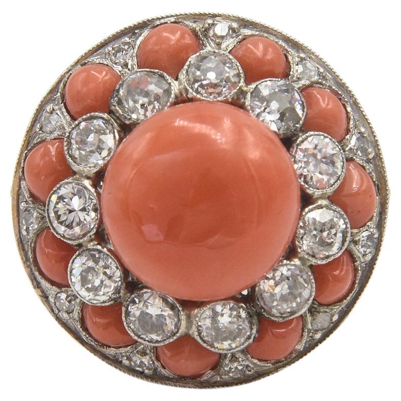 Art Deco Style Coral and Diamond Dome Ring For Sale