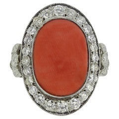 Art Deco Style Coral and Diamond Ring