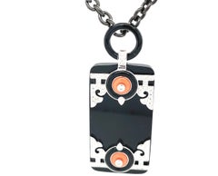Art Deco Style Coral, Diamond, Onyx and White Gold Pendant w/ Steel Chain