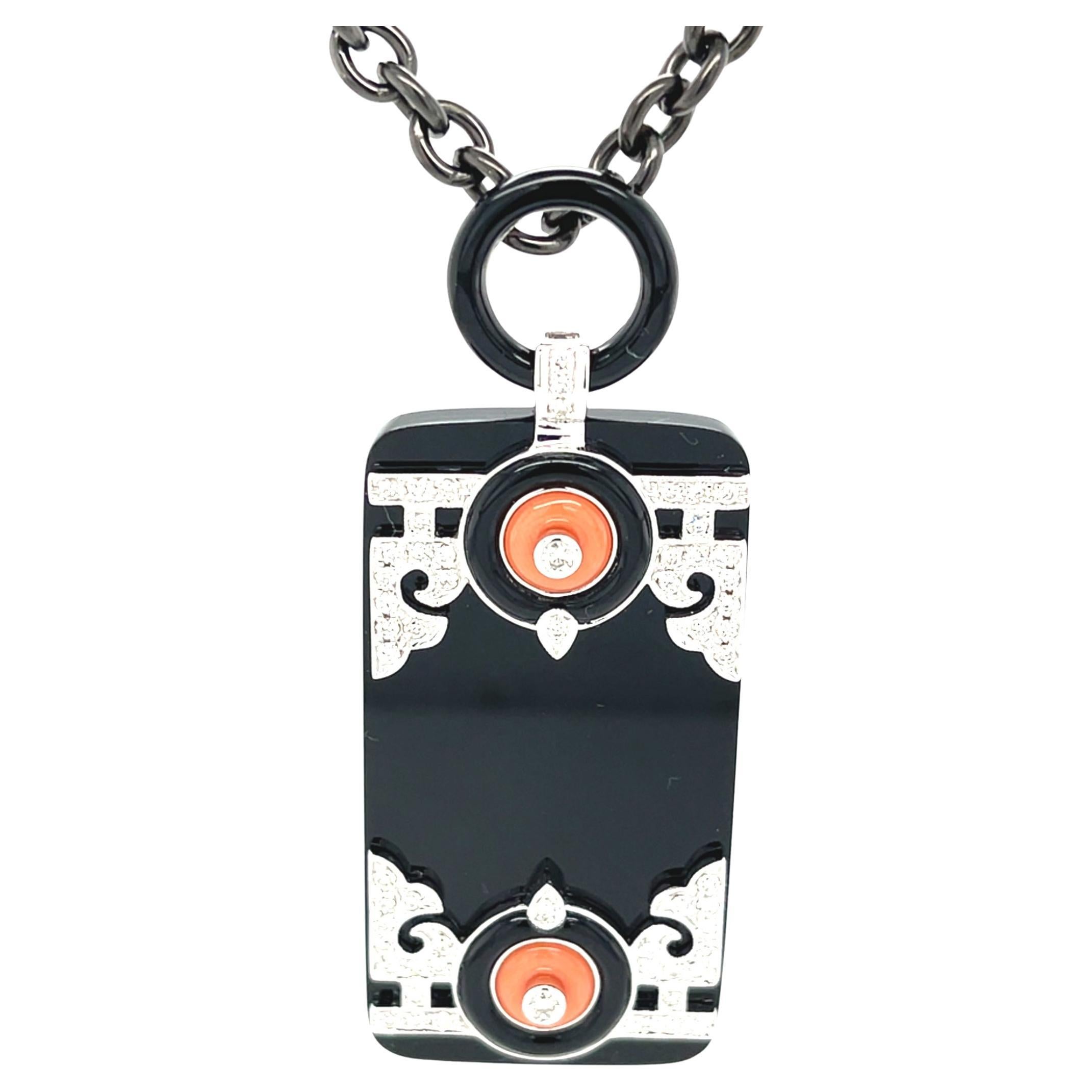 Art Deco Style Coral, Diamond, Onyx and White Gold Pendant w/ Steel Chain