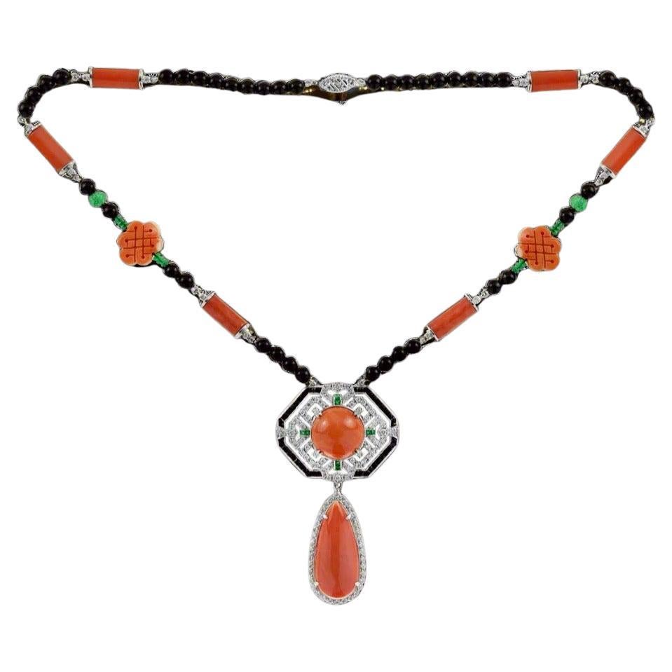 Art Deco Style Coral Diamond Onyx Emerald 18k White Gold Necklace