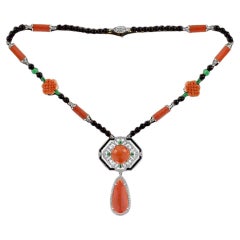 Art Deco Style Coral Diamond Onyx Emerald 18k White Gold Necklace