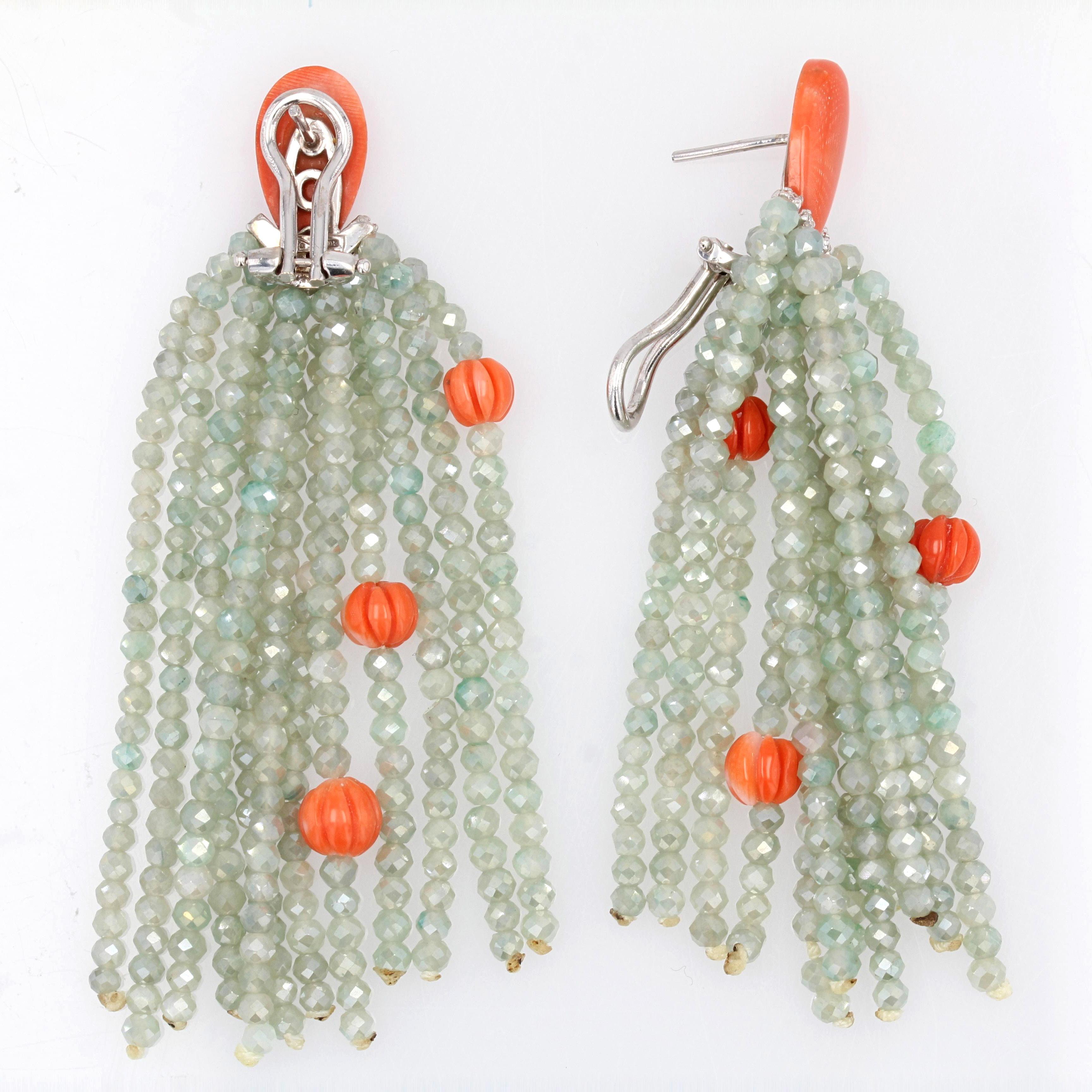 Briolette Cut Art Deco Style Coral Diamonds Green Agate Dangle Earrings