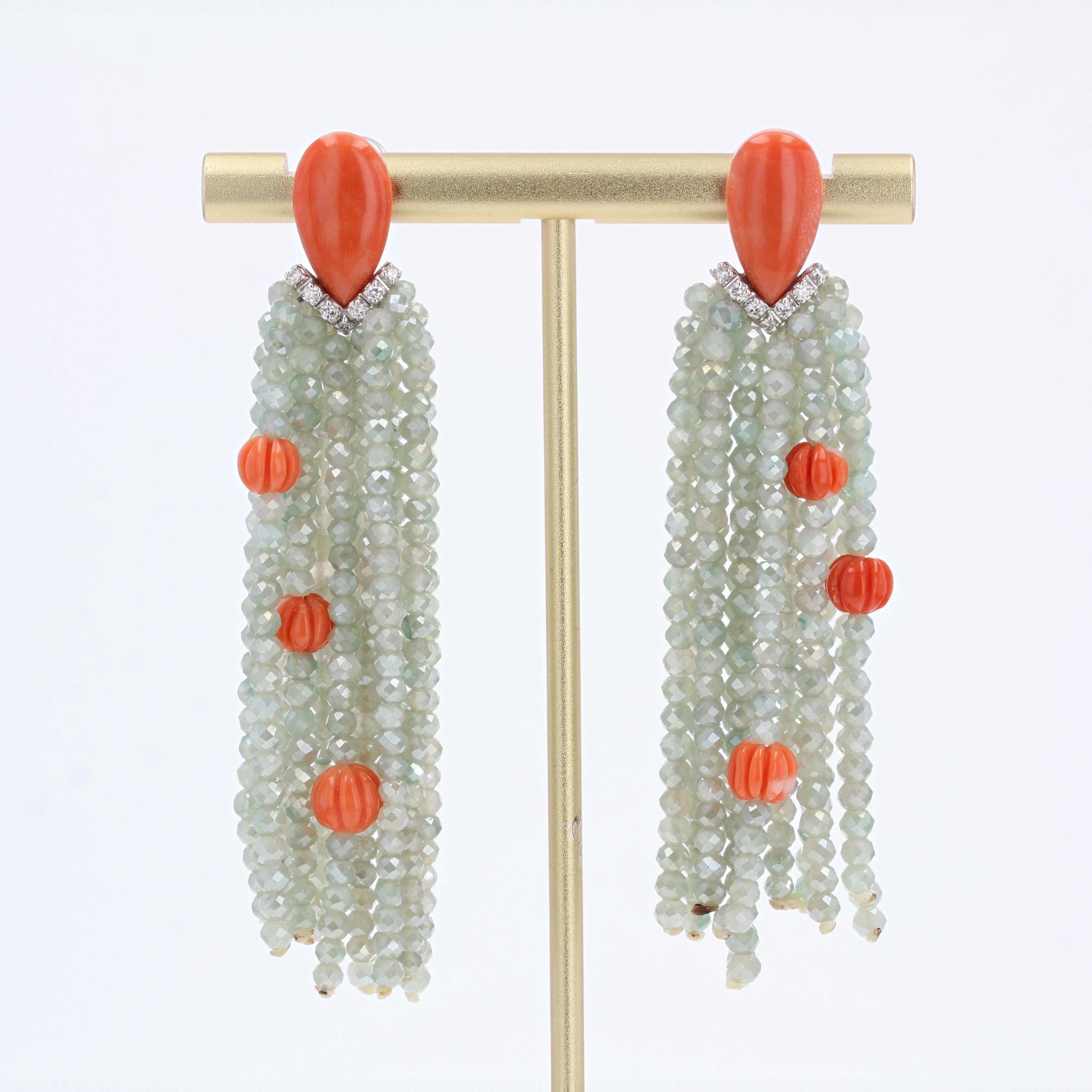 Art Deco Style Coral Diamonds Green Agate Dangle Earrings In New Condition In Poitiers, FR
