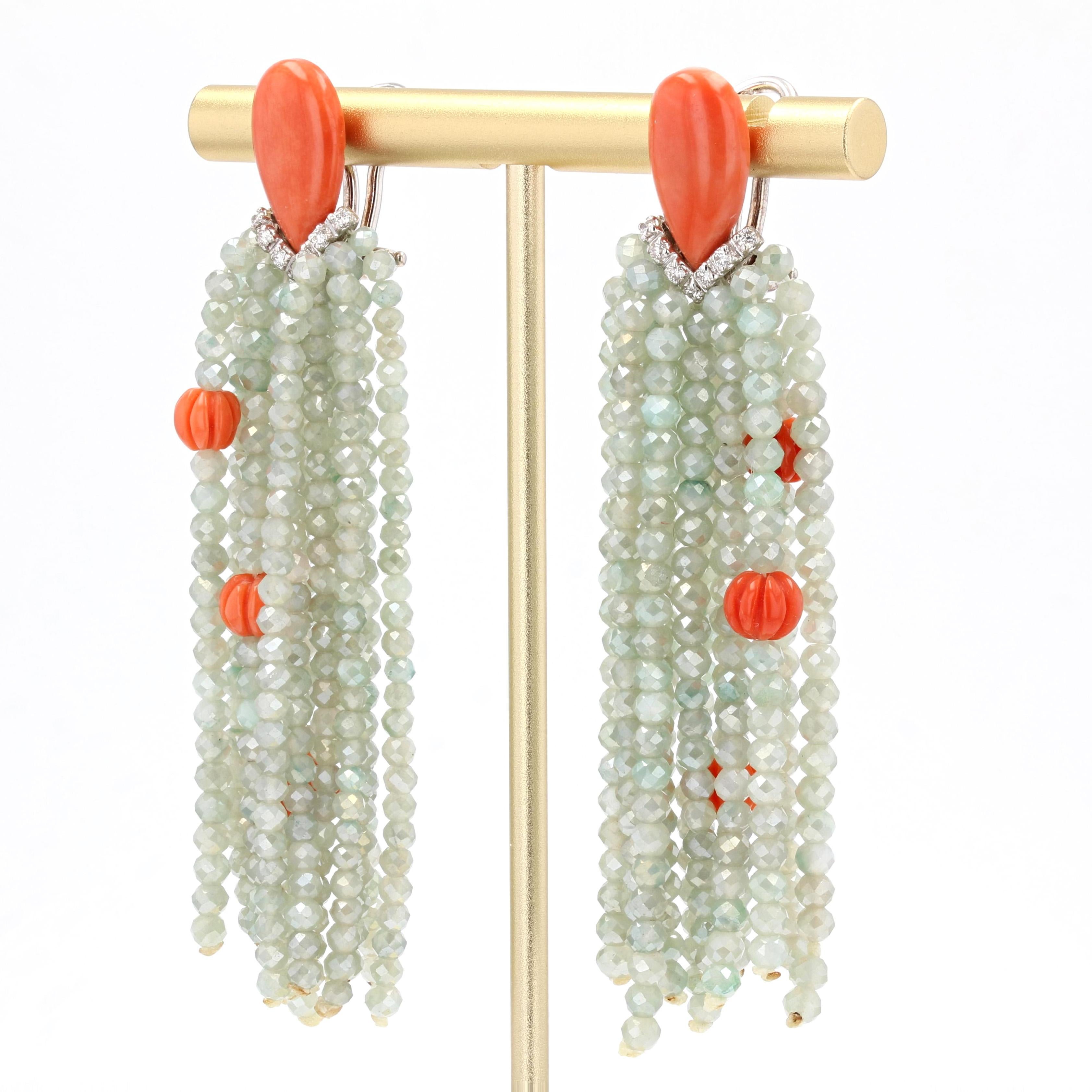 Women's Art Deco Style Coral Diamonds Green Agate Dangle Earrings
