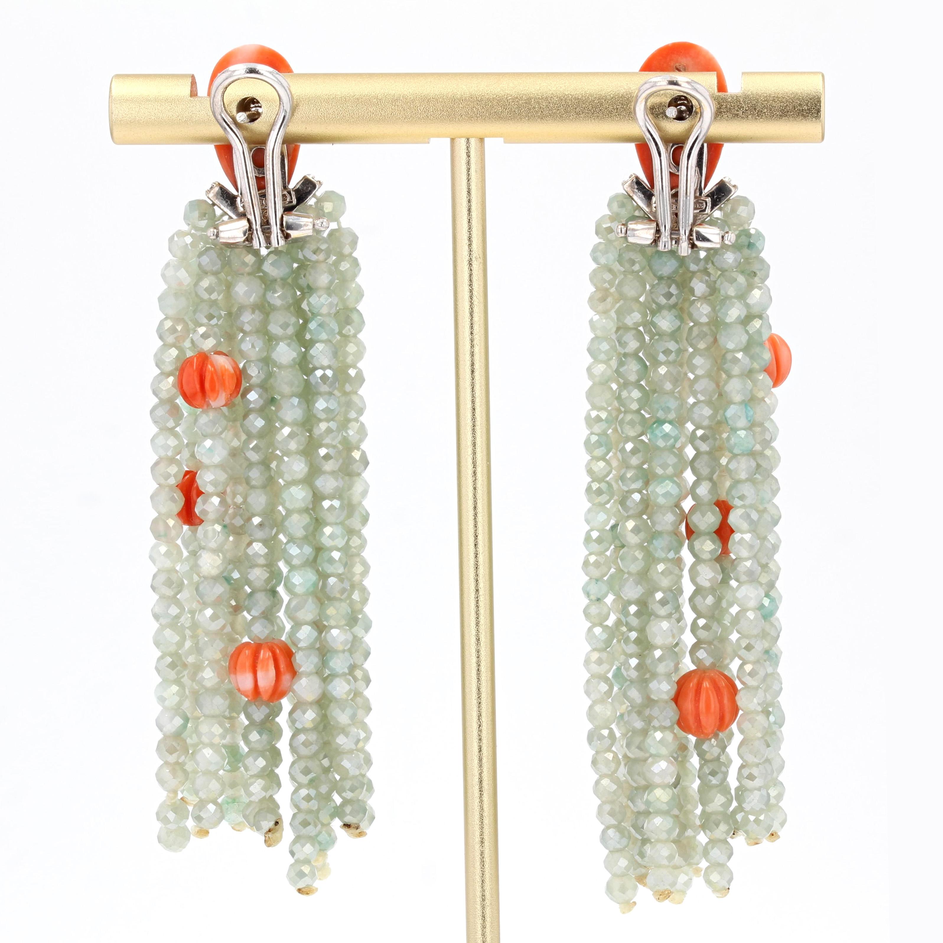 Art Deco Style Coral Diamonds Green Agate Dangle Earrings 1