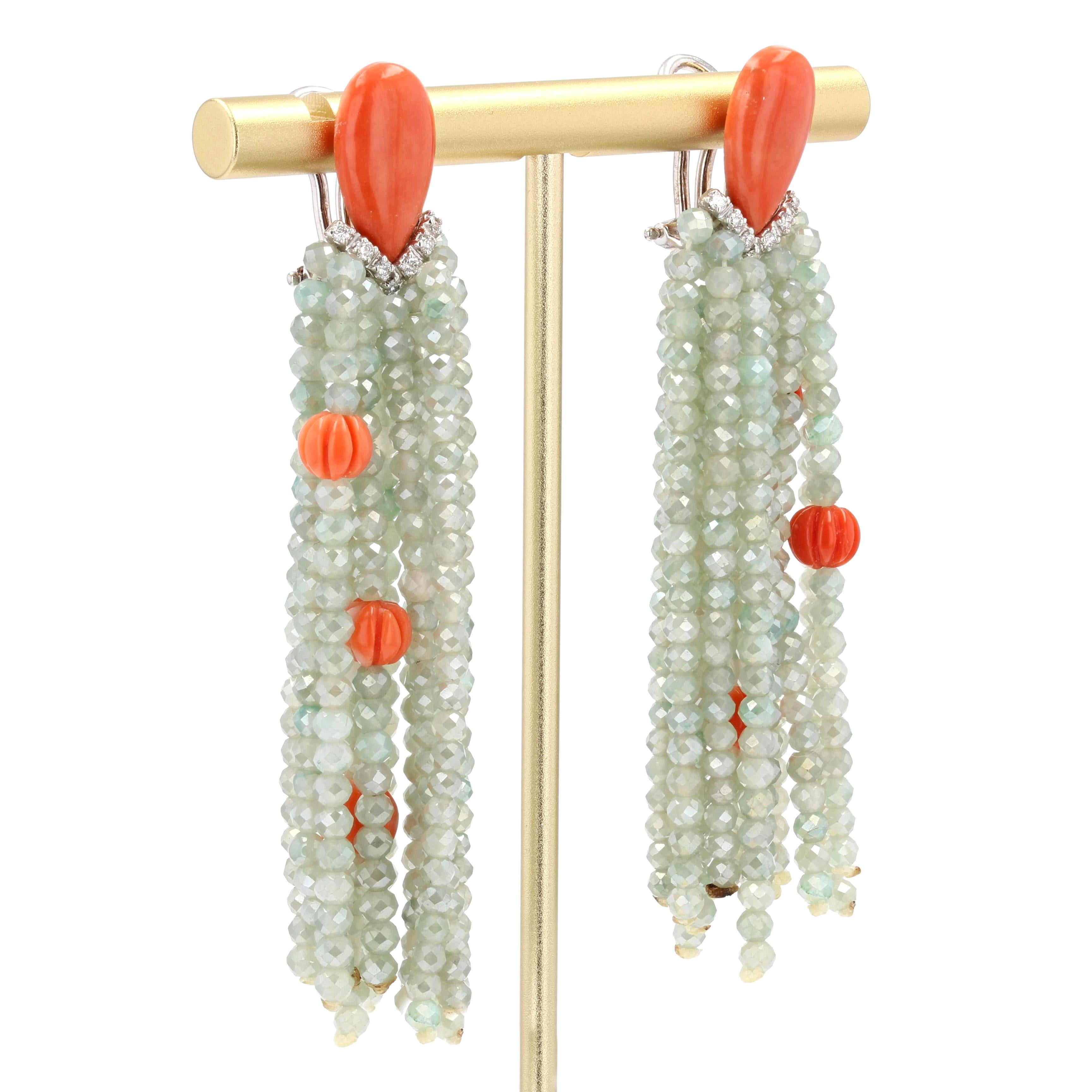 Art Deco Style Coral Diamonds Green Agate Dangle Earrings 3