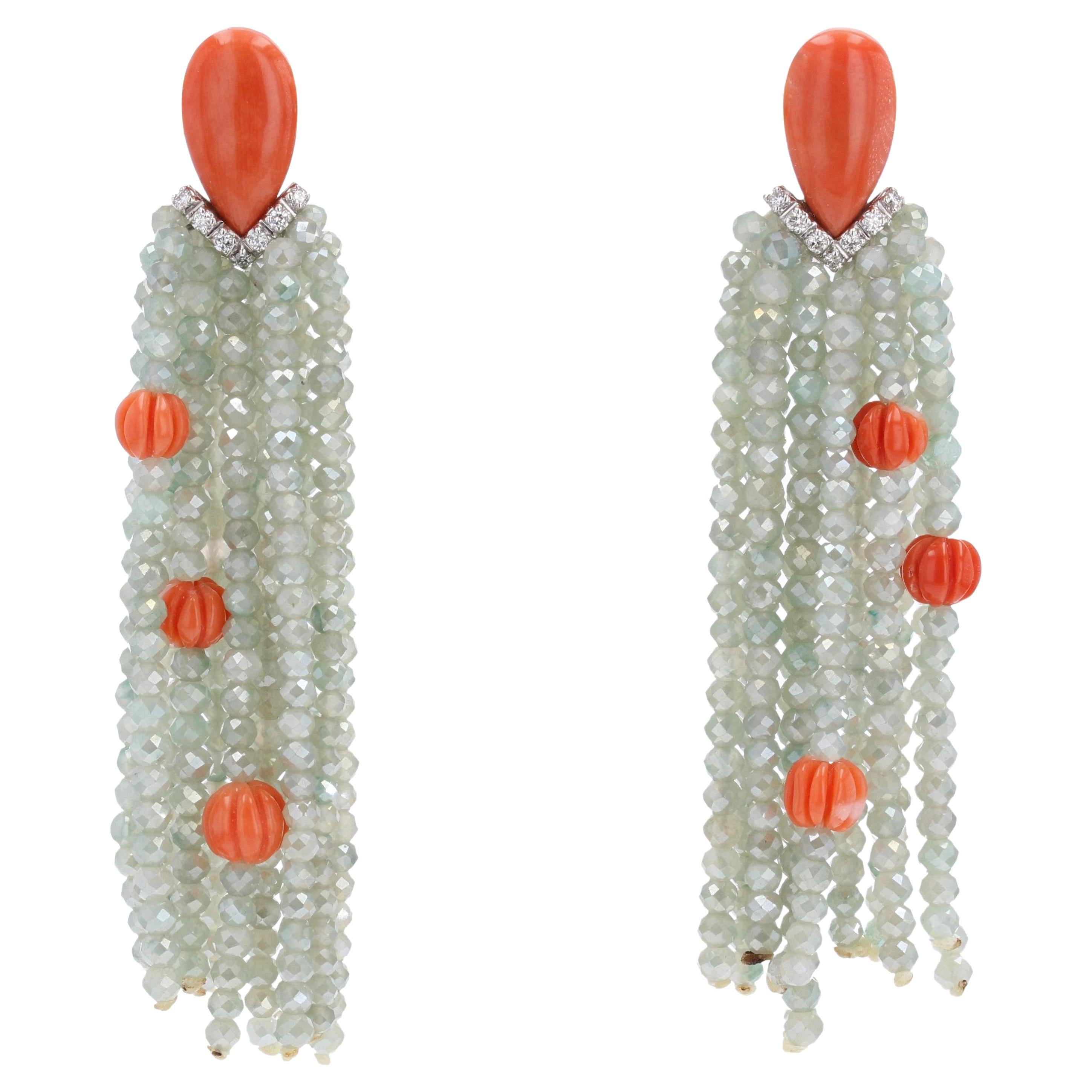 Art Deco Style Coral Diamonds Green Agate Dangle Earrings