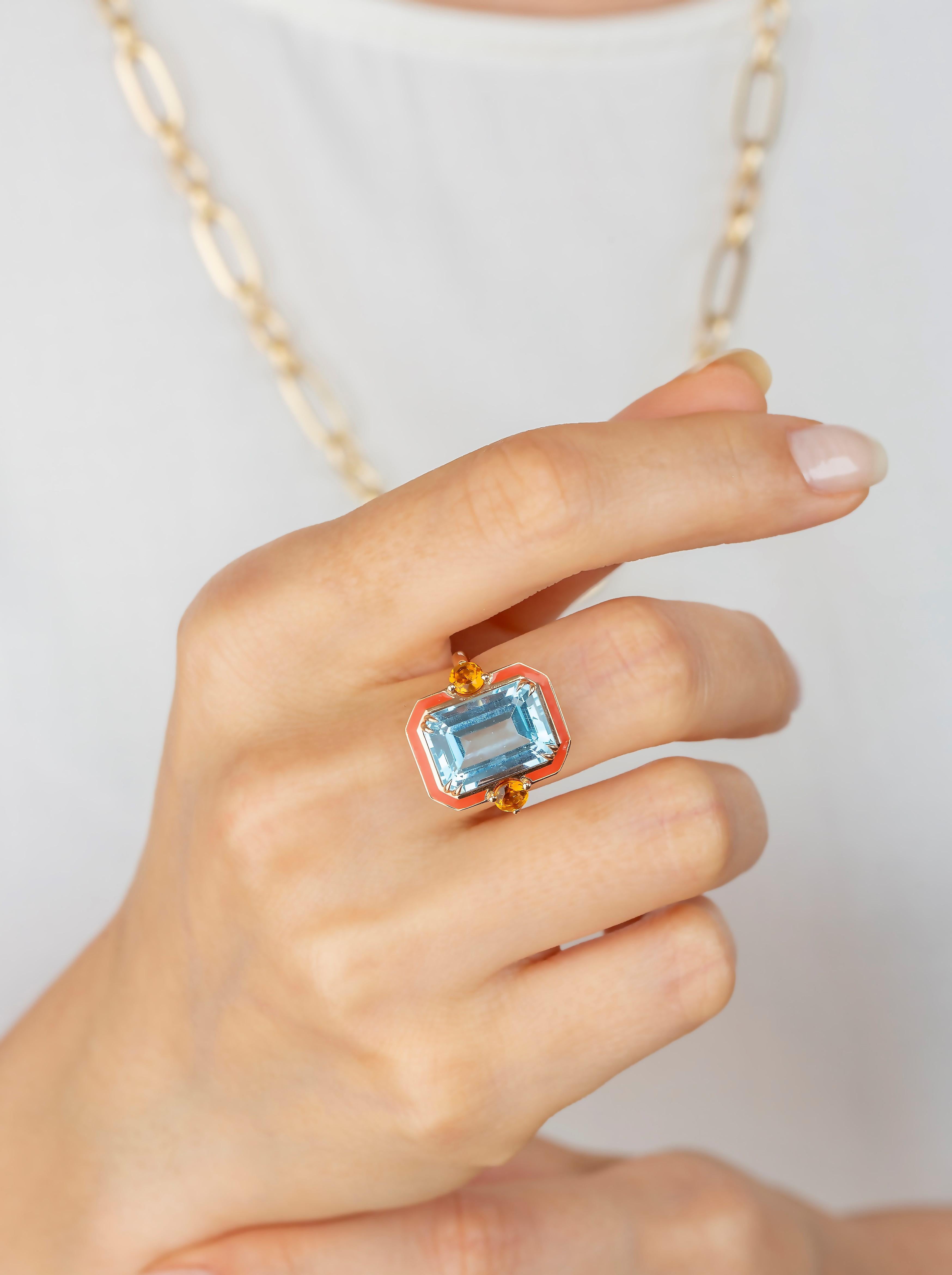 Emerald Cut Art Deco Style Enameled Cocktail Ring with Sky Topaz and Citrine
