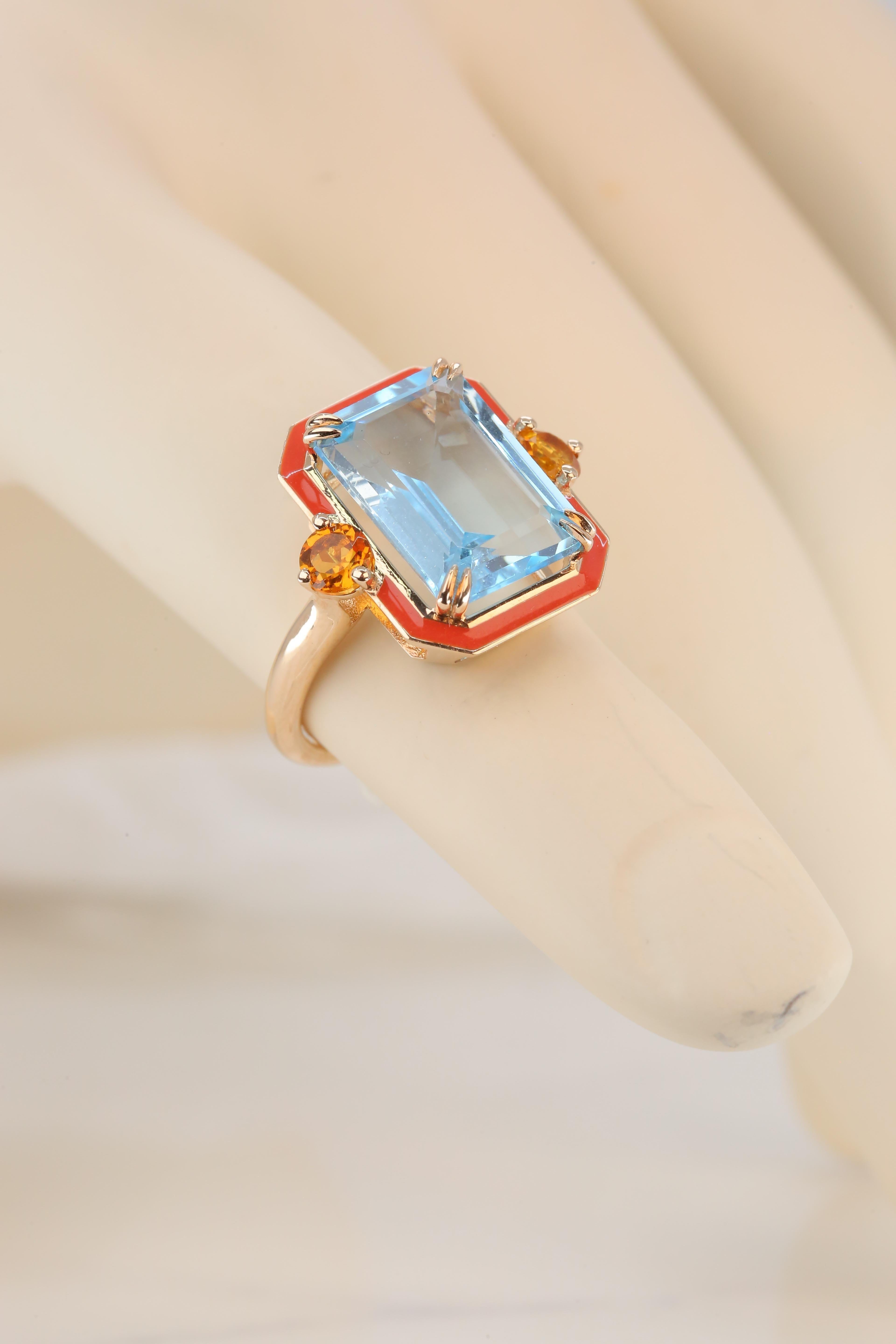 Women's Art Deco Style Enameled Cocktail Ring with Sky Topaz and Citrine