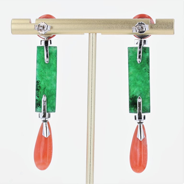 Art Deco Style Coral Jade Diamonds Dangle Earrings For Sale at 1stDibs