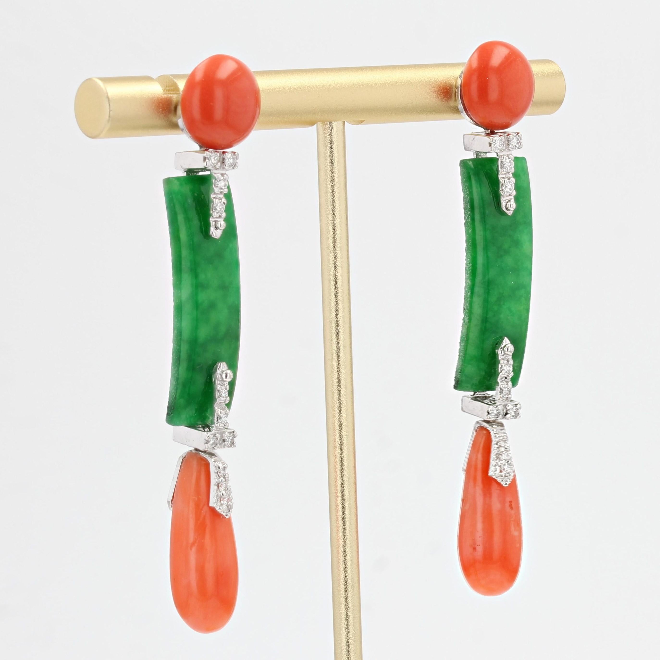 Art Deco Style Coral Jade Diamonds Dangle Earrings In New Condition In Poitiers, FR