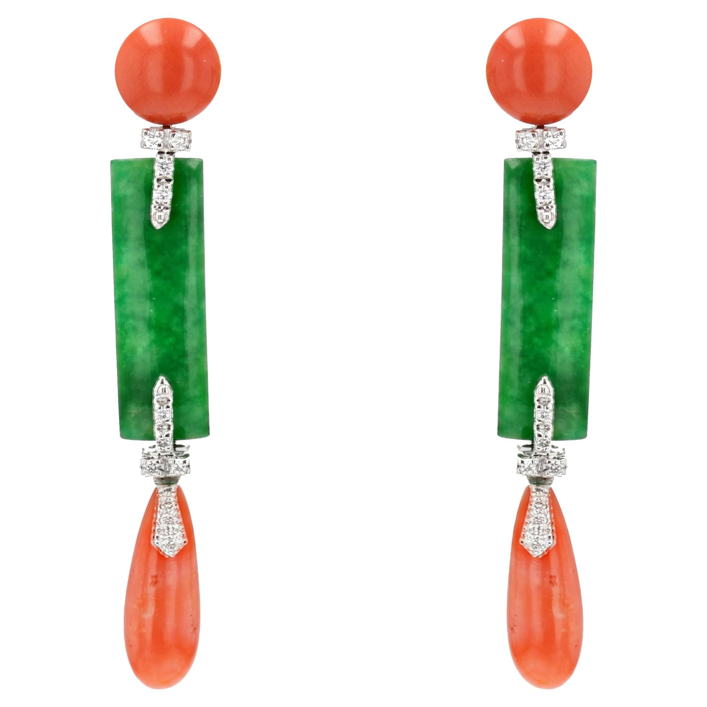 Art Deco Style Coral Jade Diamonds Dangle Earrings