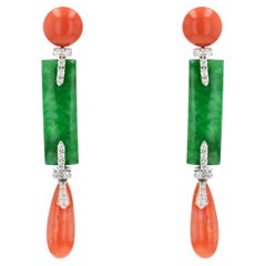 Art Deco Style Coral Jade Diamonds Dangle Earrings