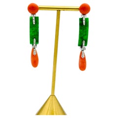 Art Deco Style Coral Jade Diamonds Dangle Earrings I